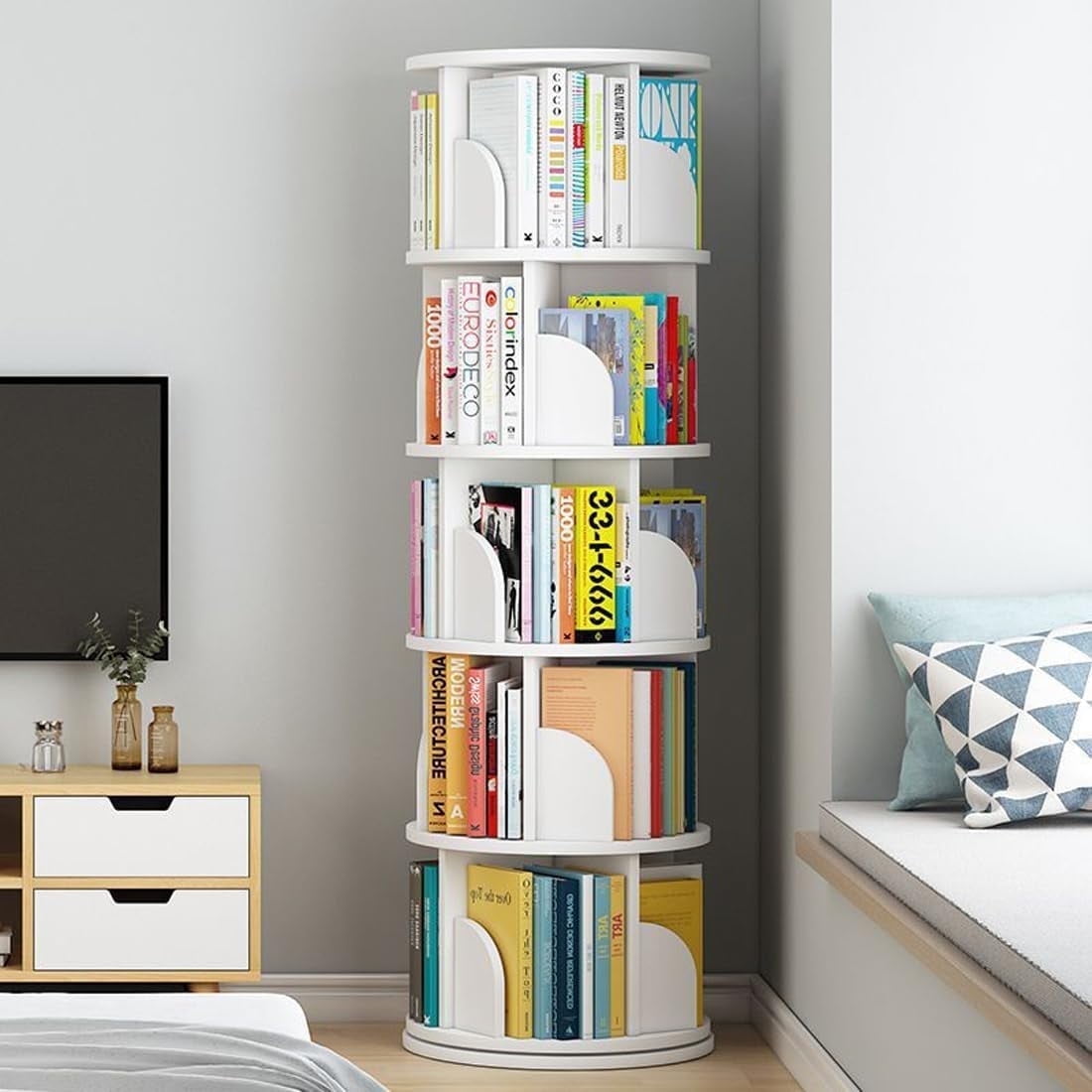 Bimiti 5 Tier Rotating Bookshelf, 360° Revolving Bookcase 20 Shelves Floor-Standing Storage Display Rack - White 63"x18"x18", Adult