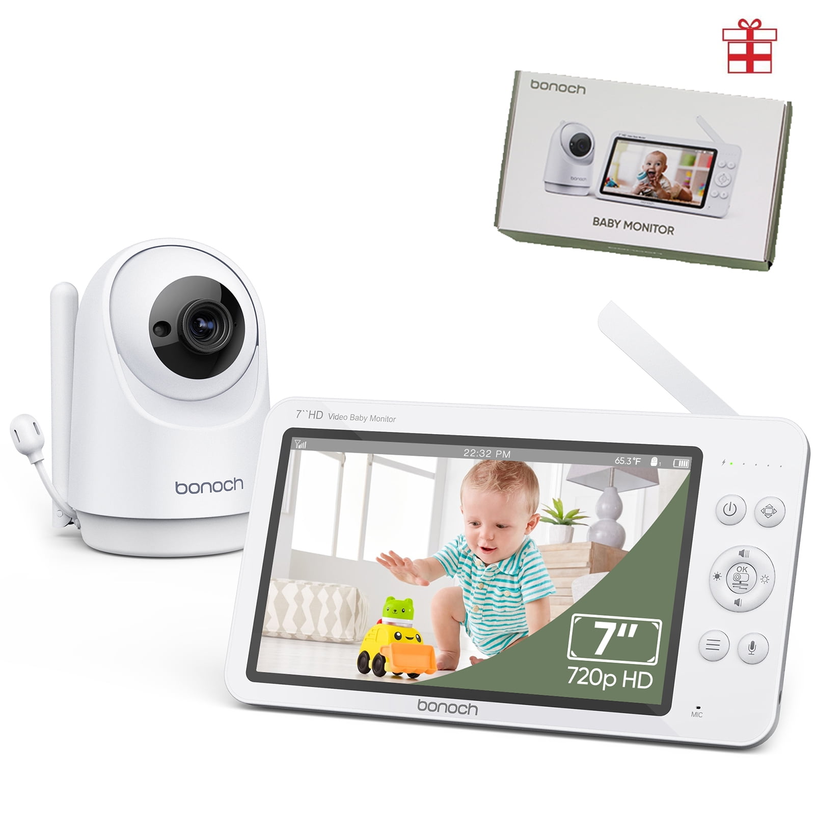 bonoch MegaView 7" 720P Baby Monitor with Video Camera and Audio No Wi-Fi 6000mAh Battery VOX Mode Auto Night Vision