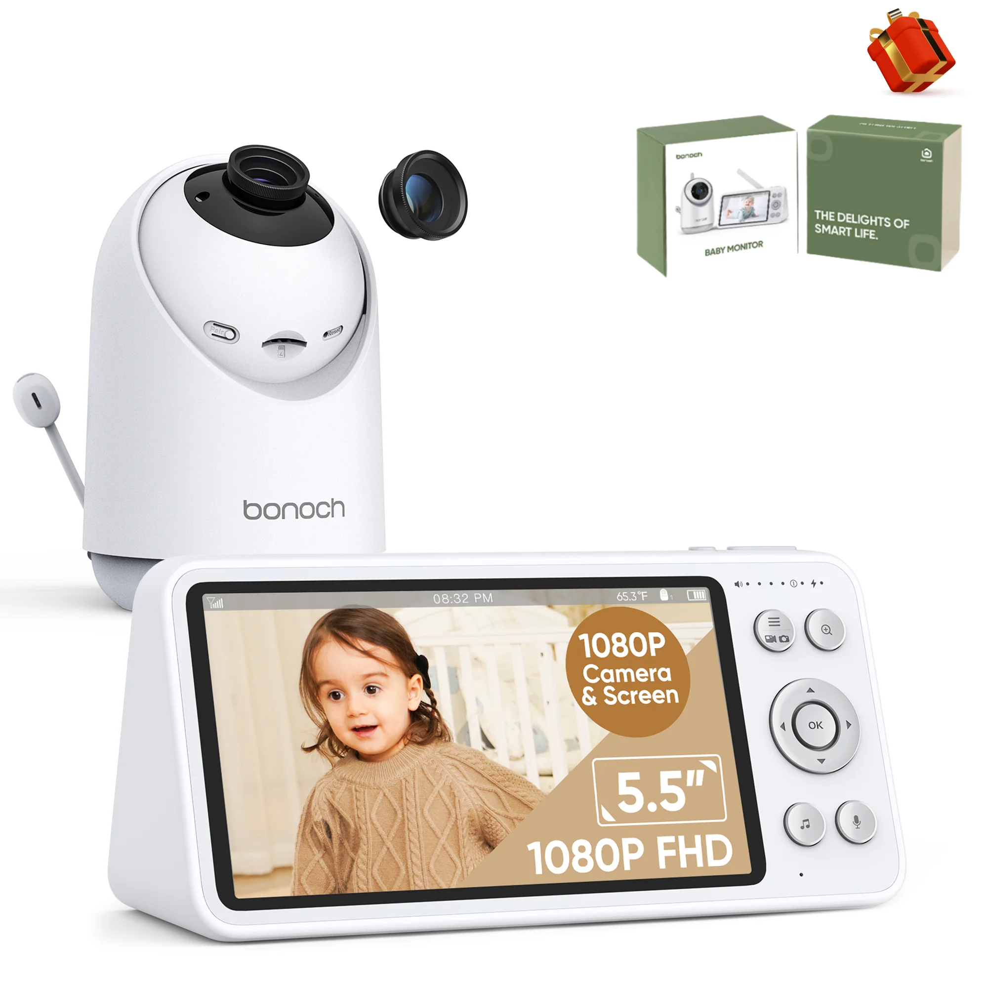 bonoch 1080P Video Audio Baby Monitor LCD Camera Local Storage+Playback Motion&Sound Detection No WiFi Additional 110° Lens