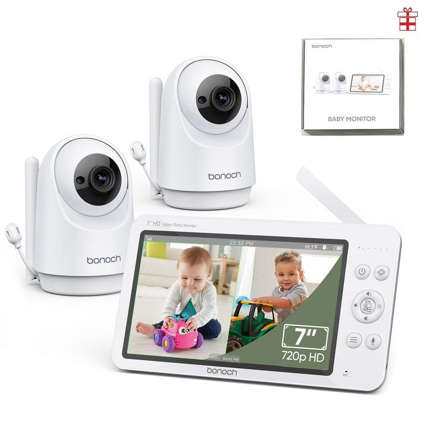 bonoch 7" 720P Baby Monitor with 2 Cameras HD LCD Split Screen Video Audio No WiFi Auto Night Vision