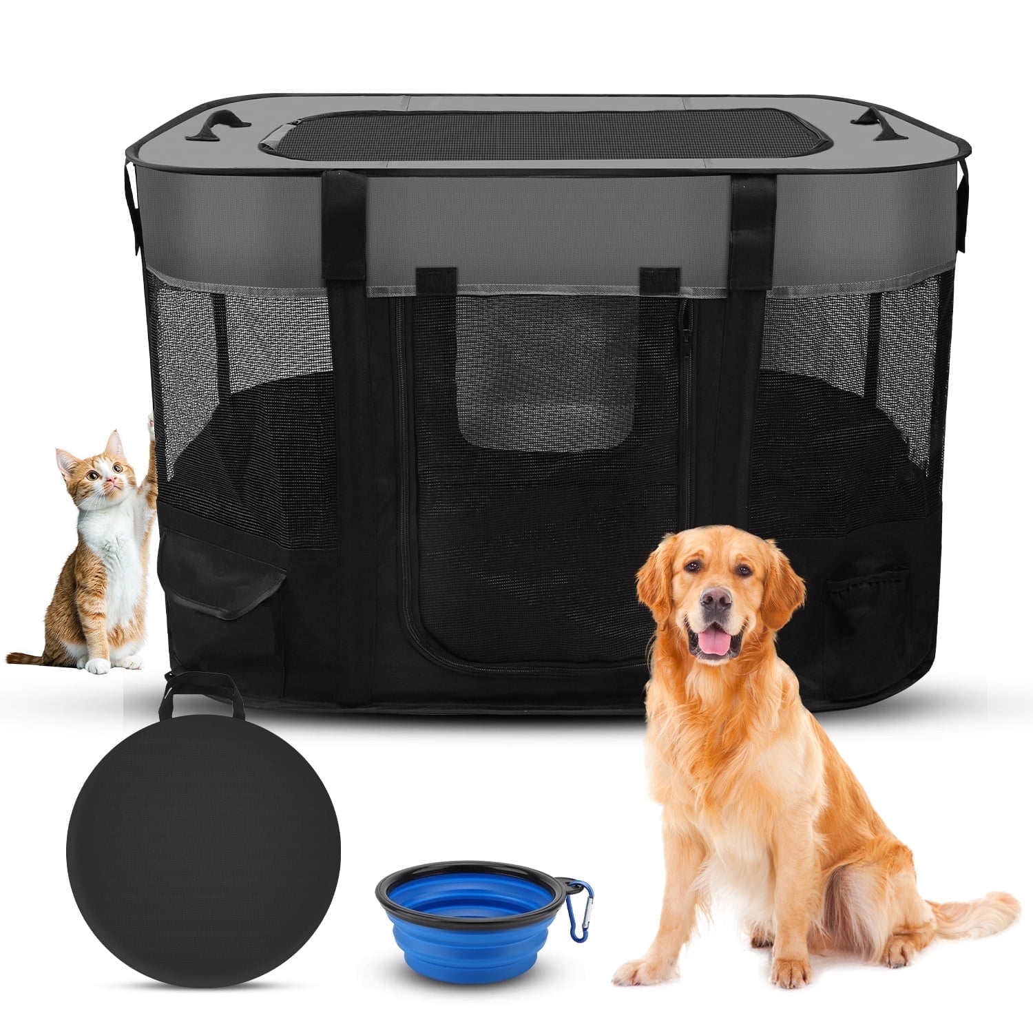 Pet Dog Cat Playpen, Foldable Cat Cage Kennel, Portable Puppy Crate for Indoor Outdoor Travel Camping Use, Black Dog Kennel Tent for Rabbit Small Animals with Carrying Case and Silicone Bowl, L