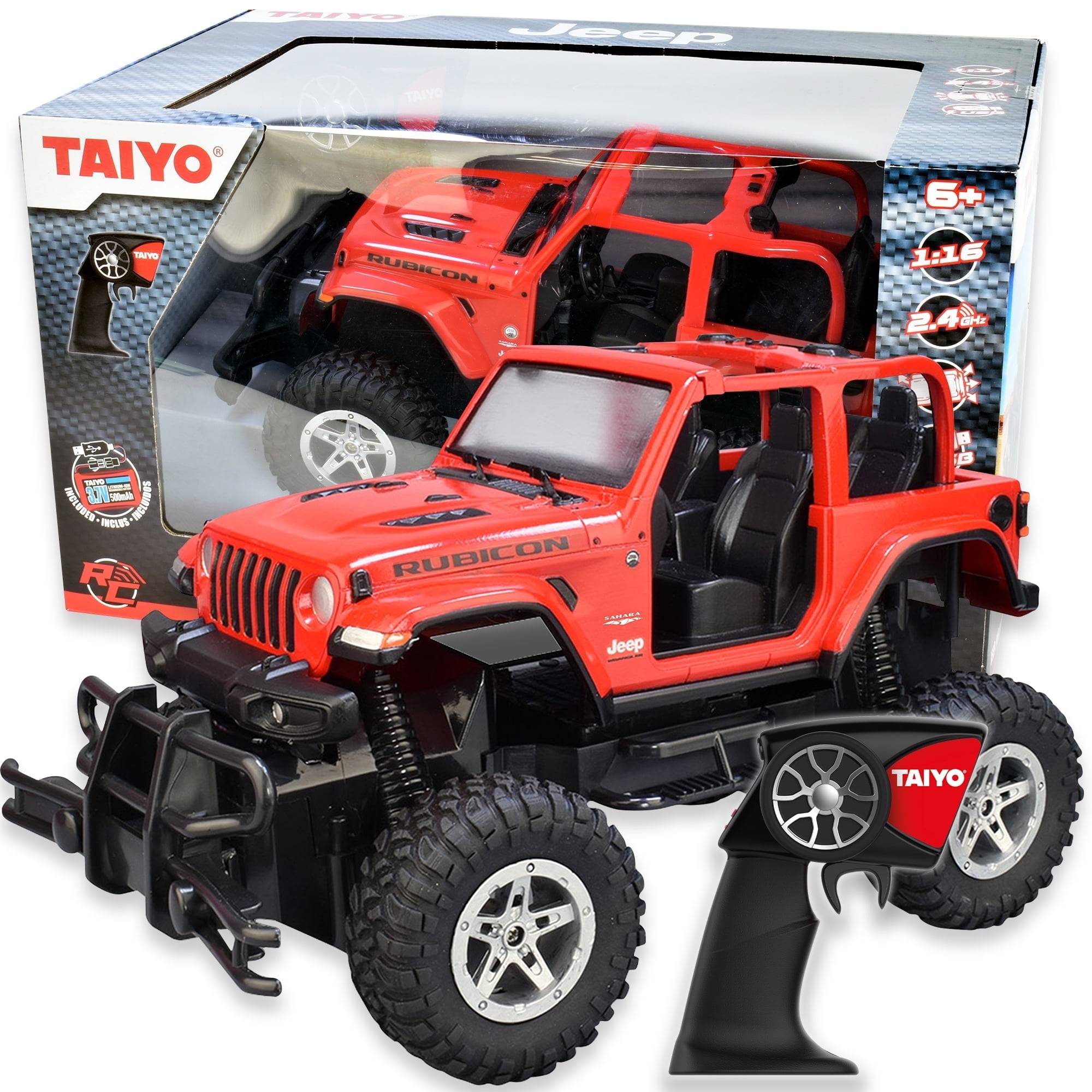 Taiyo RC Truck Jeep Rubicon, 1:16 Scale Remote Control Car with Rechargeable Battery, Electric Charger, and Handset for Off-Road, High Speed, Fast Hobby Action for Kids and Adults, 2.4Ghz, Ages 6+