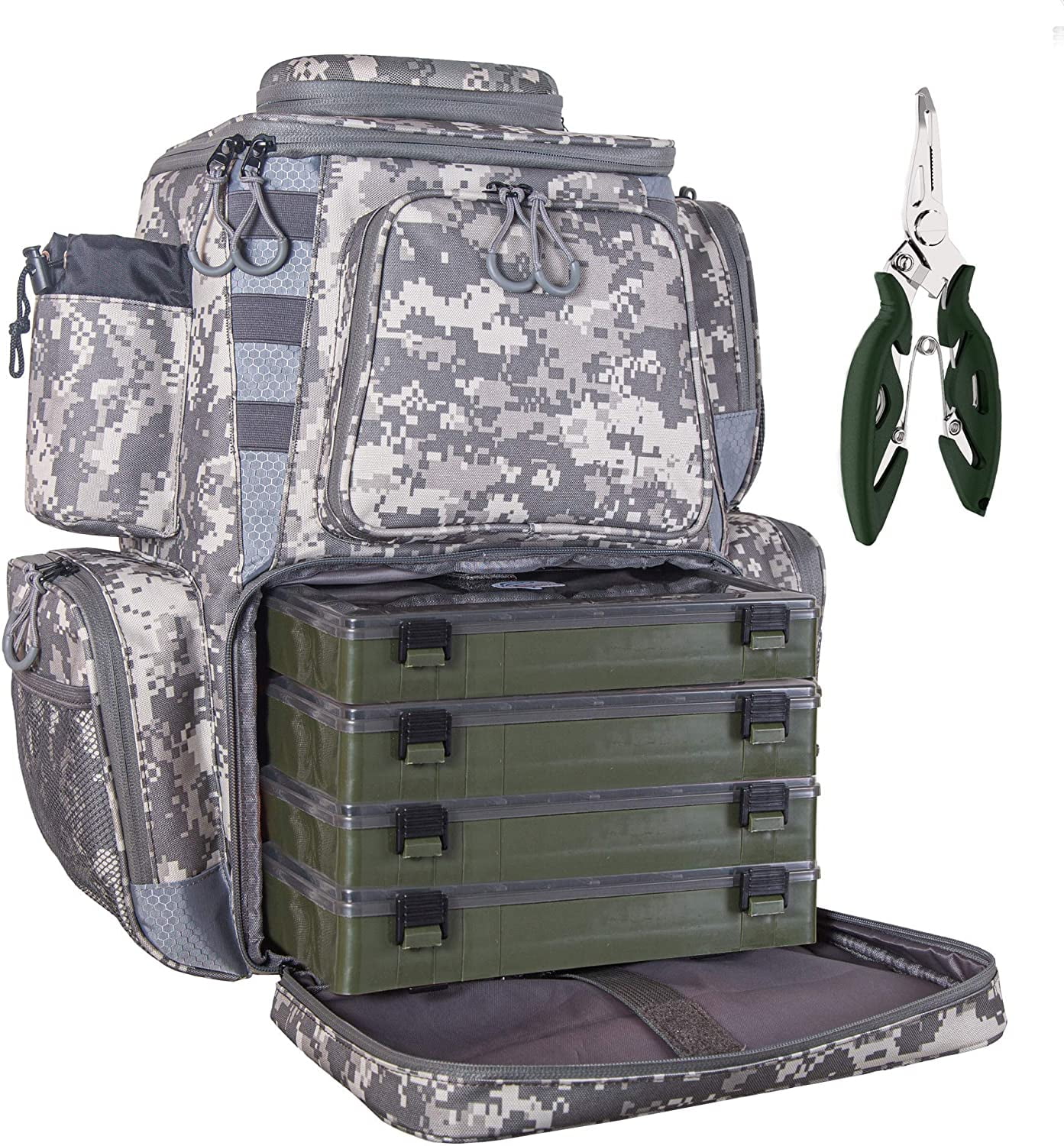 etacklepro Fishing Backpack Waterproof Tackle Bag with Protective Rain Cover Includes 4 Tackle Boxes Stainless Steel Fishing Pliers and Lanyard - Digital Camo