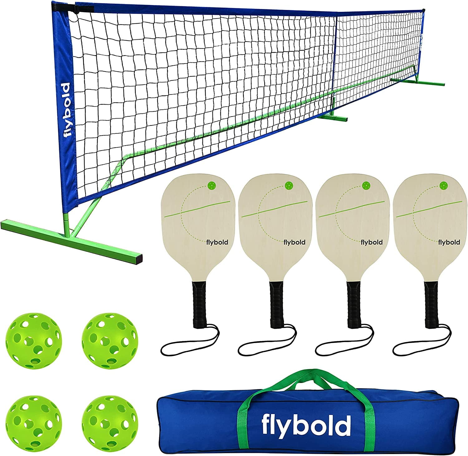 flybold Pickleball Set with Net, Paddles & Balls | Portable Set with 4 Paddles | Regulation Size Equipment