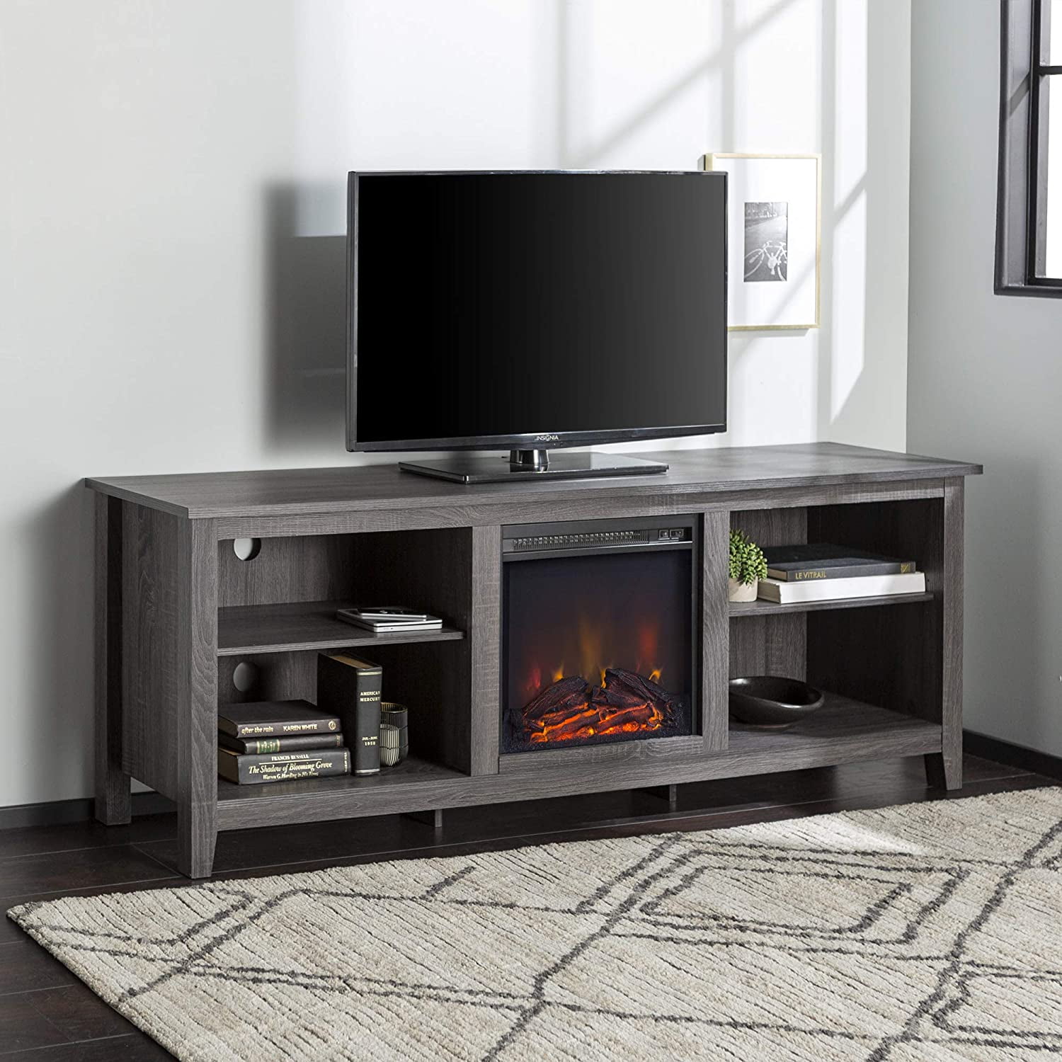 Essential 70" Rustic Farmhouse Electric Fireplace Wood TV Stand - Charcoal