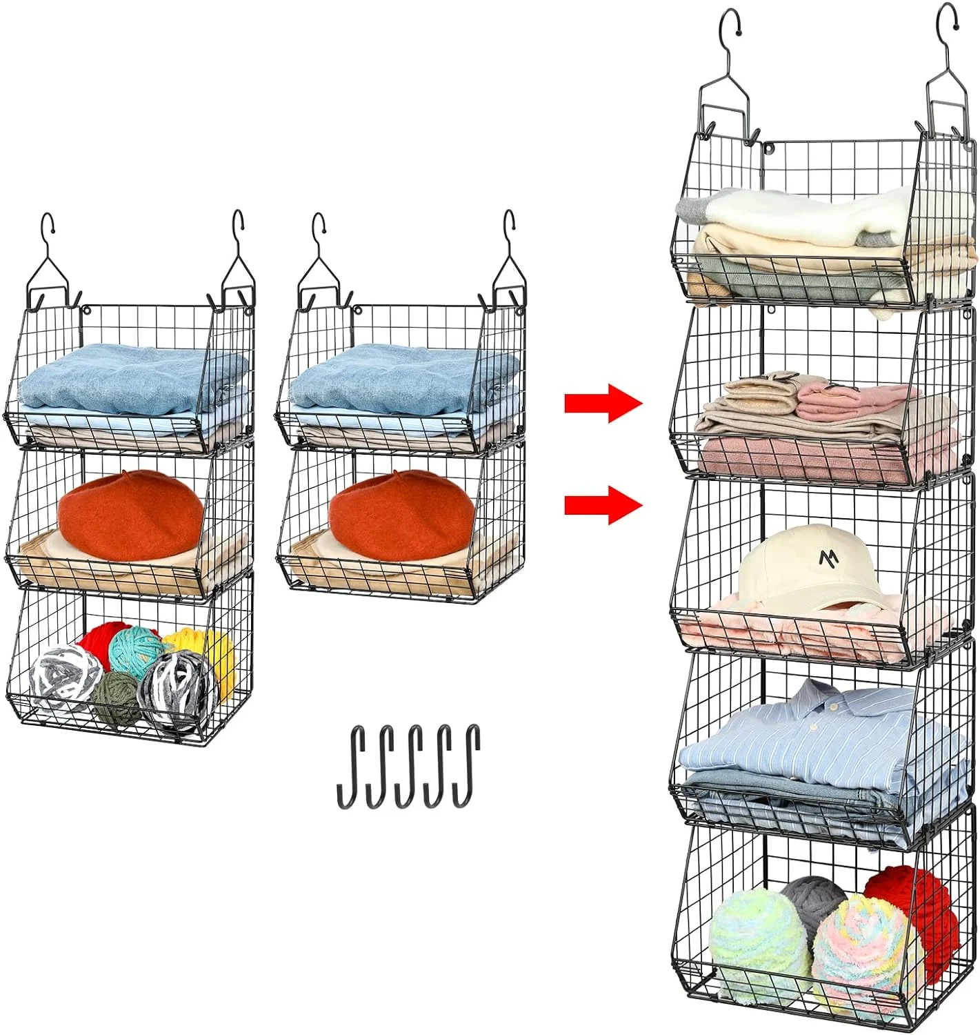 x-Cosrack Hanging Closet Storage Organizer with 5 S Hooks, Closet Organizer and Storage, 5-Shelf Closet Hanging Storage Shelves, Black