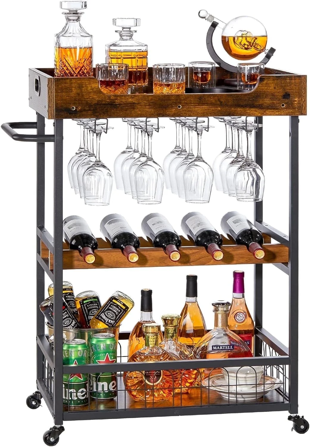 x-Cosrack 3 Tier Home Bar Cart with Wine Rack and Glasses Holder, Mobile Kitchen Storage on Wheels, Brown