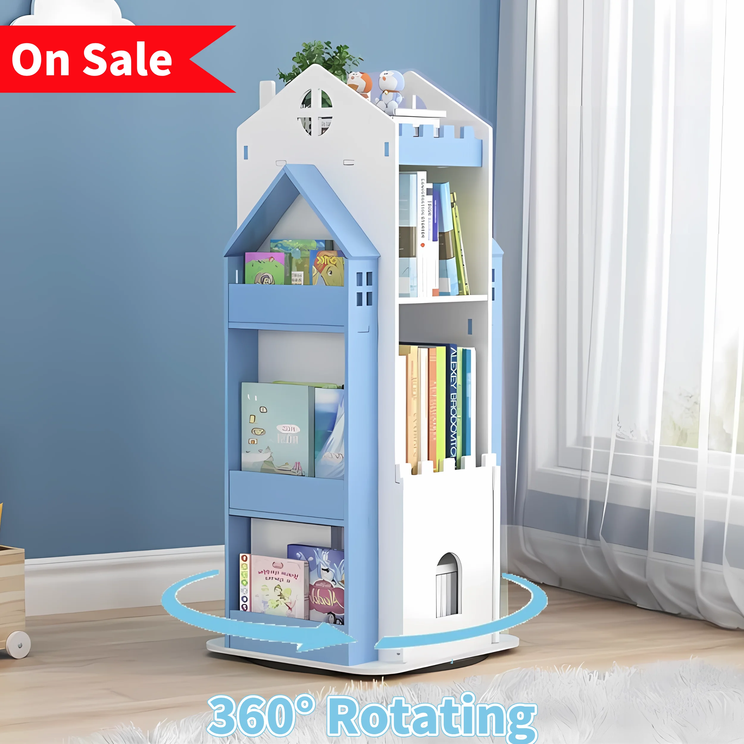 ymokee 3 Tier Rotating Bookshelf, 360° Display Rotating Bookcase, Corner Storage Rack Standing Revolving Bookcase, Swivel Bookshelf Display Rack in Bedroom Office Livingroom, Blue