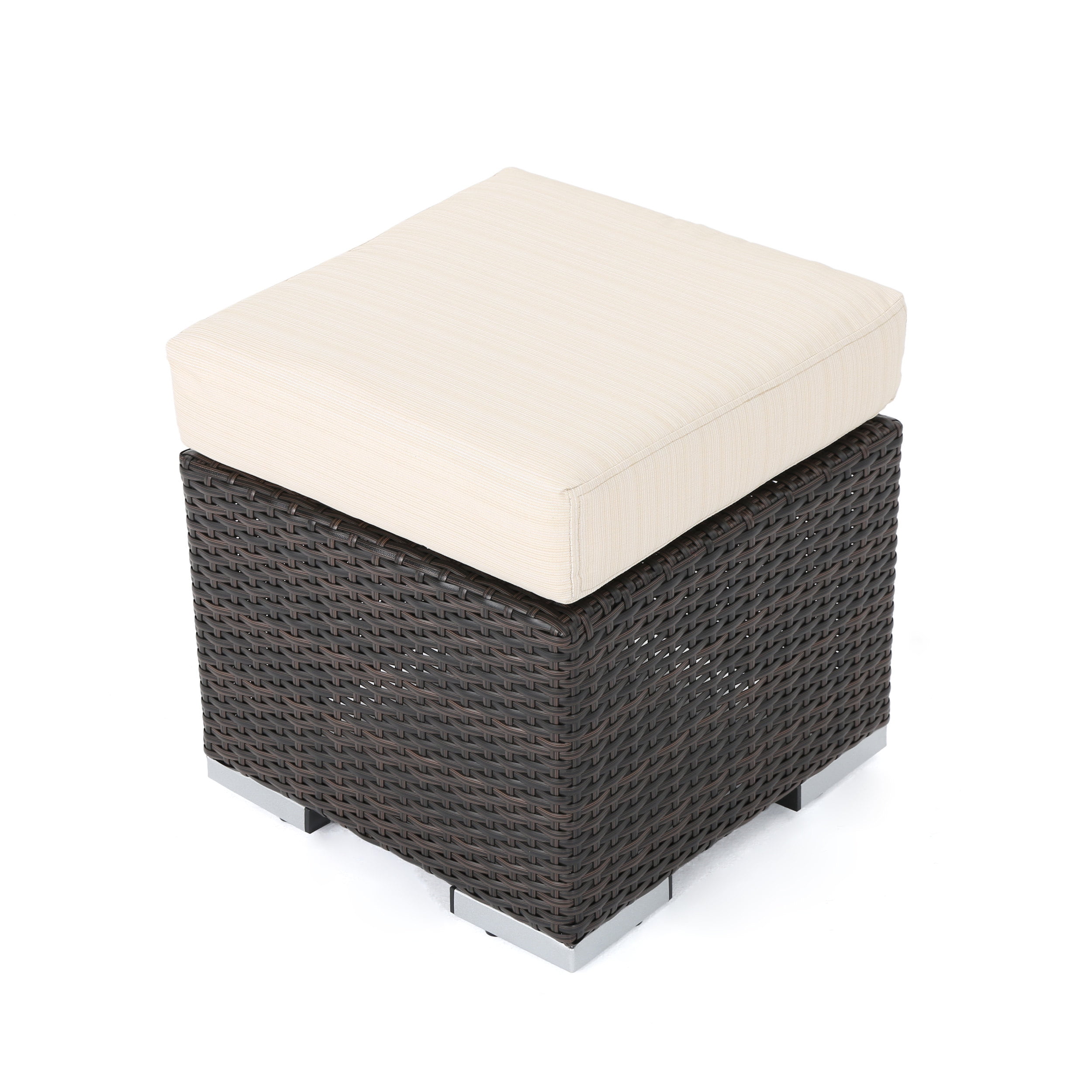 Avianna Outdoor 16 Inch Wicker Ottoman Seat with Cushion, Multibrown, Beige