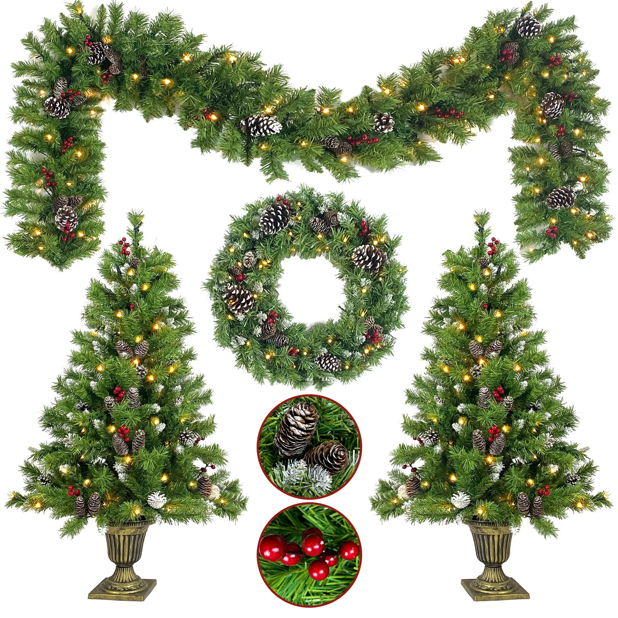 AWQM 4-Piece Christmas Decoration Set, Pre-lit Artificial Christmas Tree Garland Wreath 4FT Xmas Trees 4-Piece Set, Outdoor Christmas Tree for Porch, Entrance, Holiday Decor