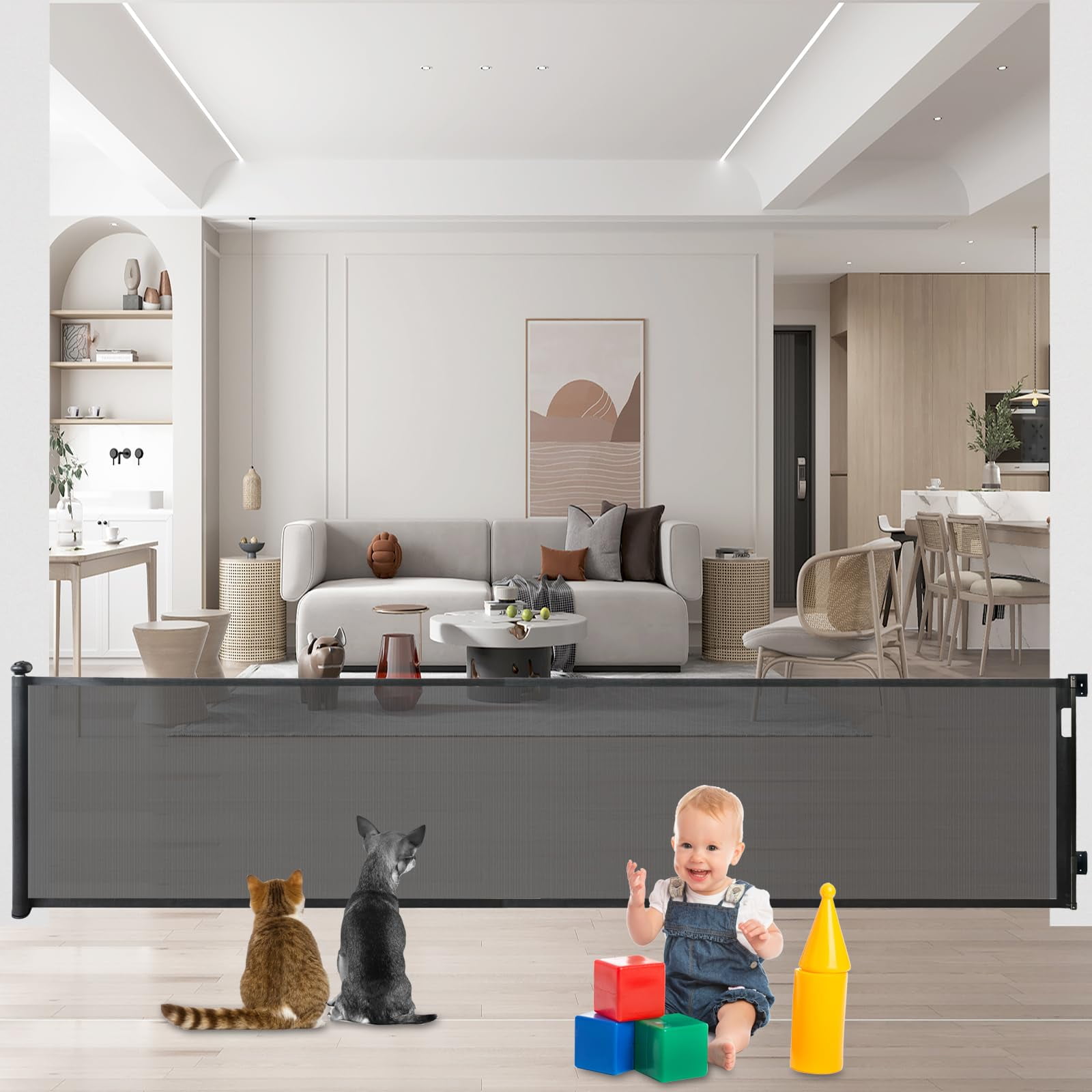 AYAOQIANG Retractable Baby Gate Mesh Baby Gate or Mesh Dog Gate, 37.4" Tall Extends up to 63" Wide, Child Safety Gate for Doorways, Stairs, Hallways, Indoor/Outdoor Black