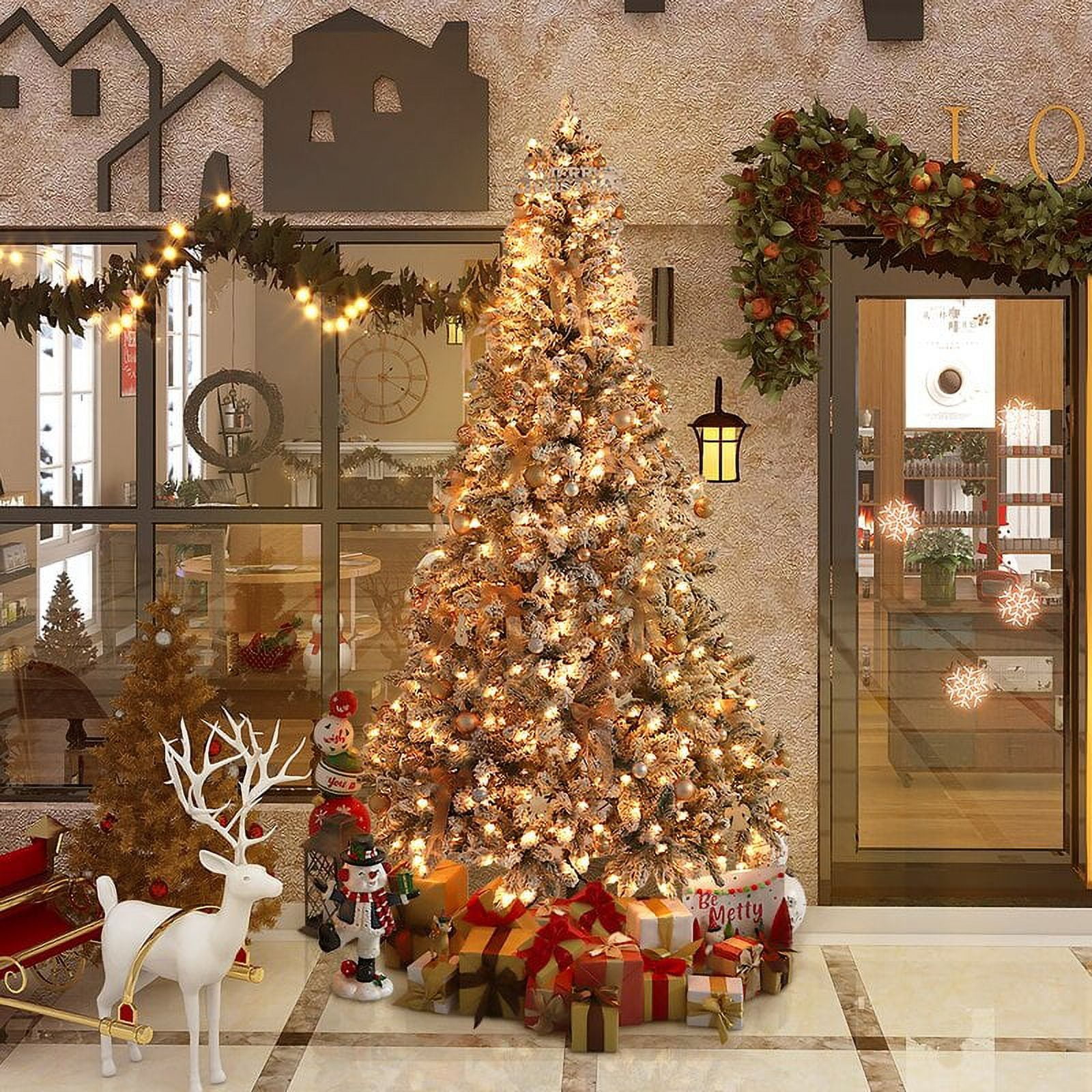 Abble Clear Prelit Incandescent Gold Flocked Spruce Artificial Christmas Tree, 8'