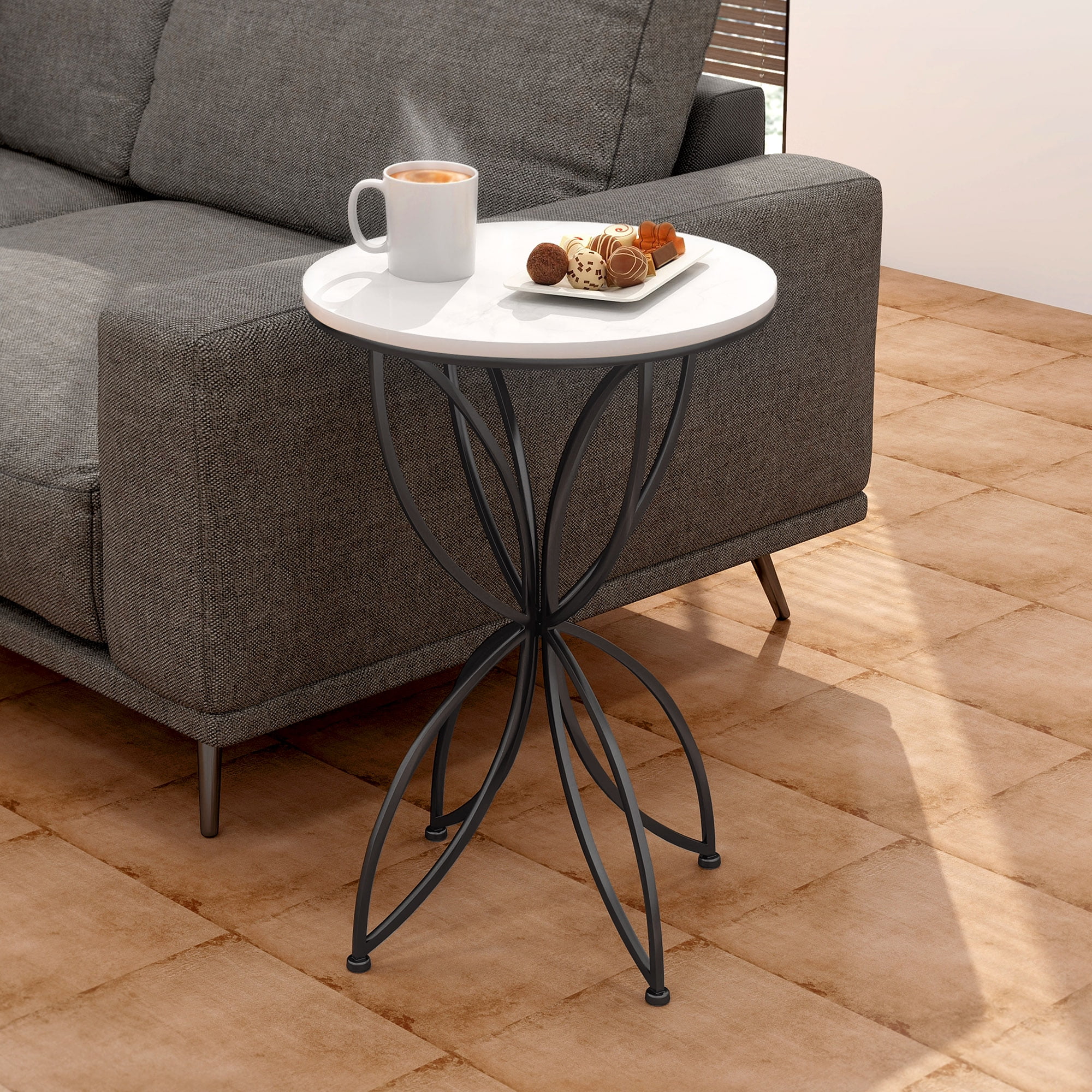 Abble H 24 in. x Dia. 15.7 in. White Quartz Stone Table Top Accent Table with Black Metal Base