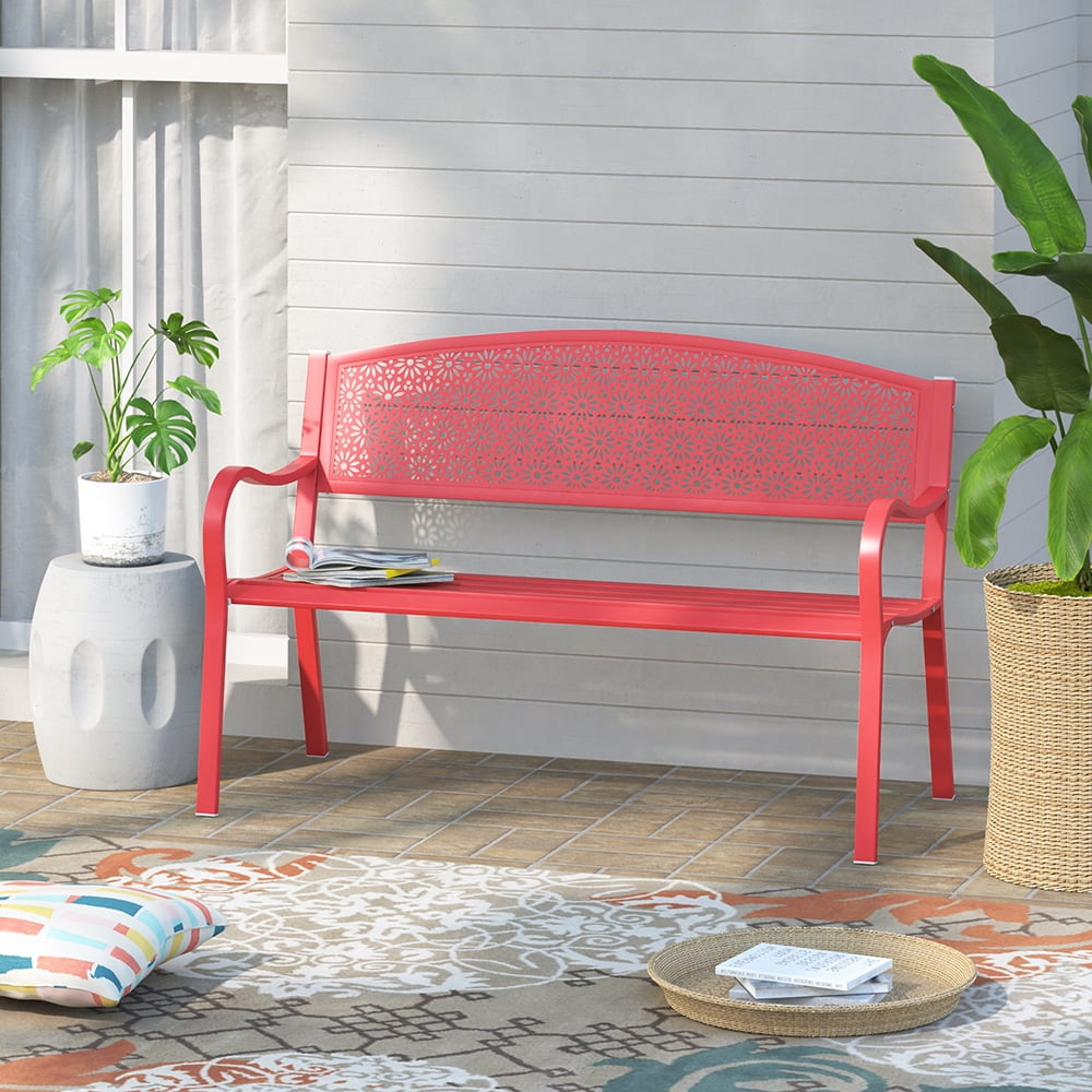 Abble Outdoor Metal Garden Bench Steel Patio Loveseat Park Bench, Red