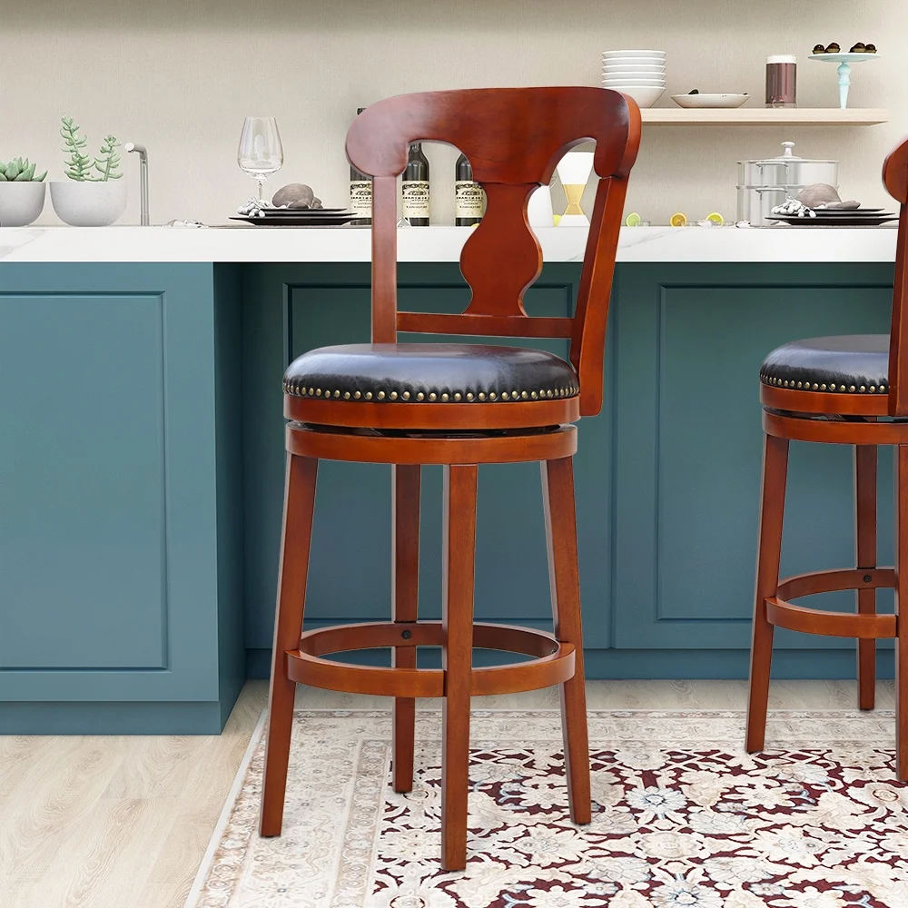 Abble 30" Swivel Walnut and Dark Brown Faux Leather Upholstered Bar Stool(Set of 1 )