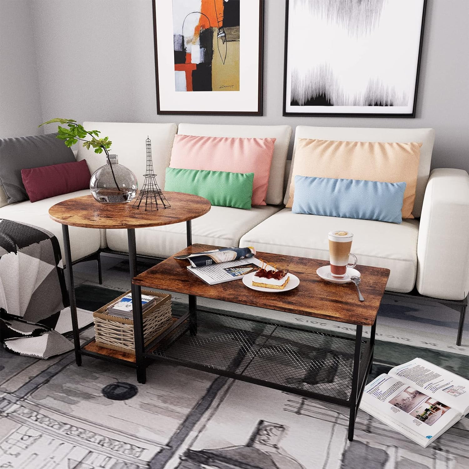 Aboxoo Modern 2-Piece Wood Coffee Table Set with Metal Legs, Rustic Brown