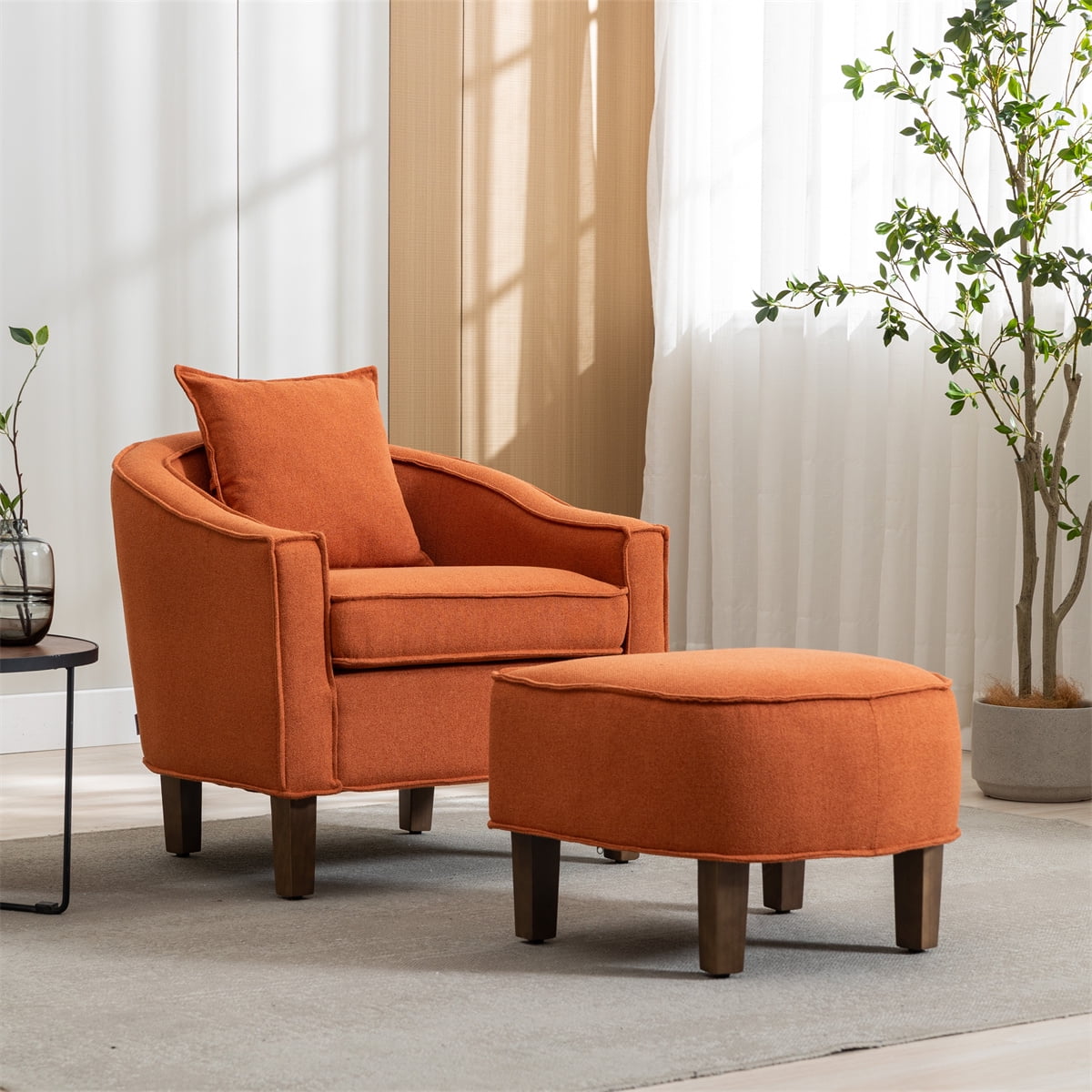 Accent Chair with Ottoman, Upholstered Barrel Chair for Adults, Single Sofa Armchair with Footrest for Living Room, Orange