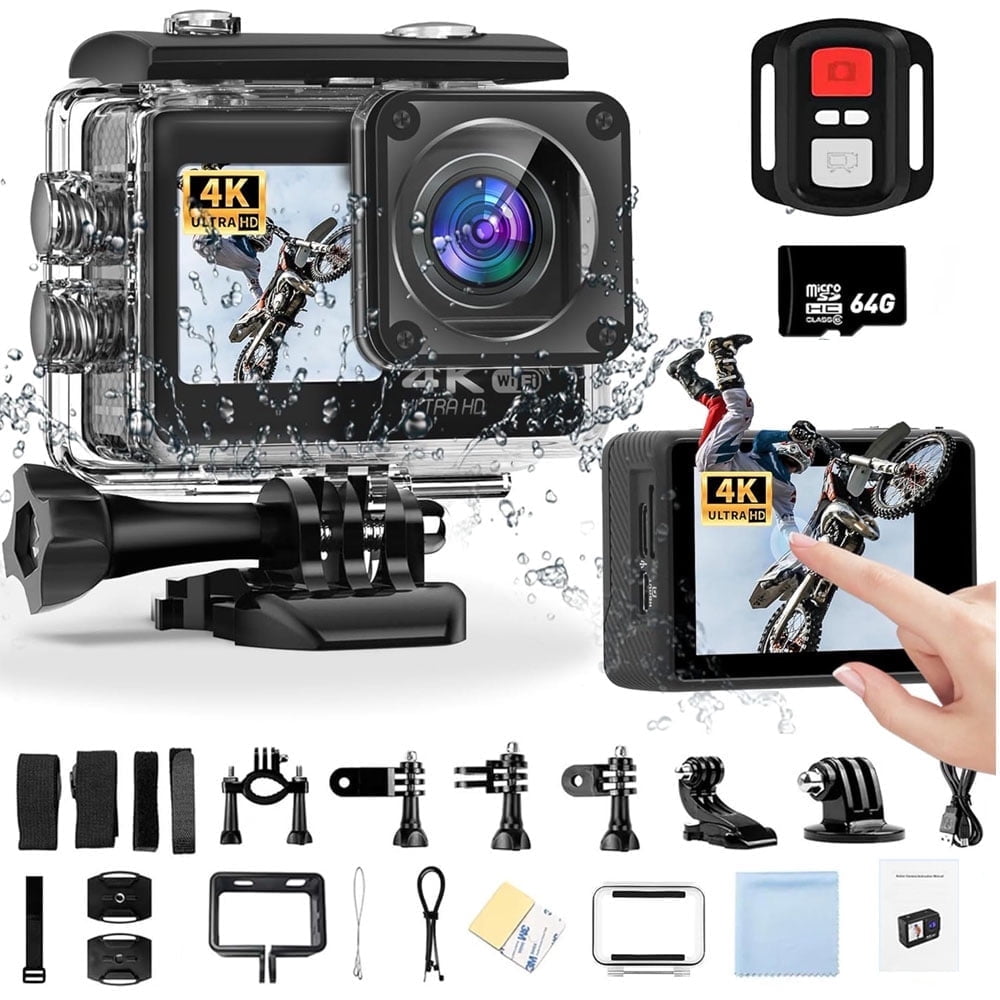 Action Camera, 30M Waterproof Camera 170° Wide Angle EIS Stabilization WiFi Adjustable Wide Angle Helmet Camera, 4K 20MP Sports Video Camera WiFi with Touch Screen Dual Screen