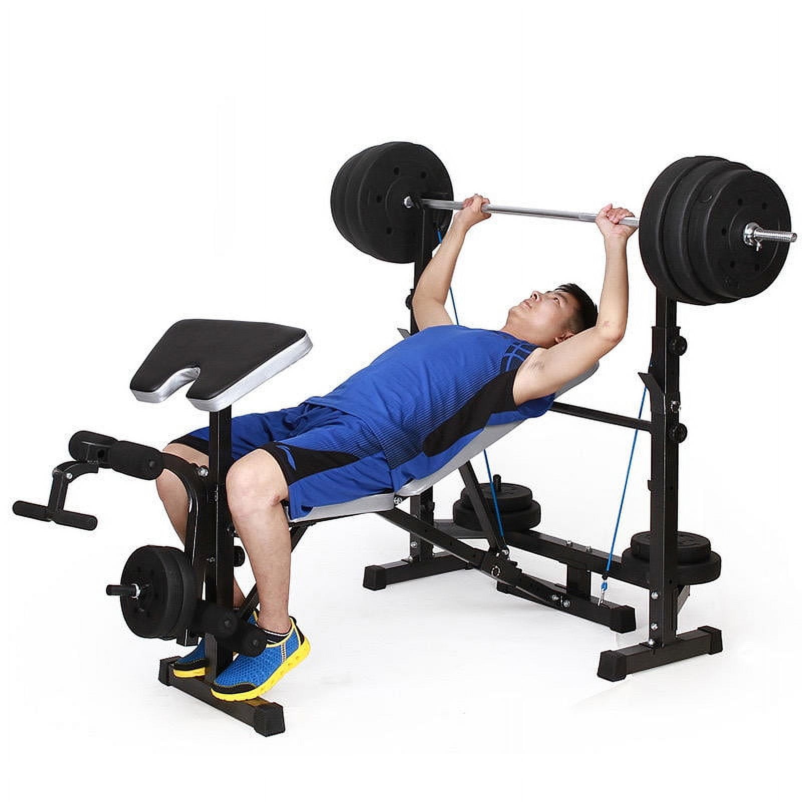 Adjustable Weight Bench Olympic Foldable Workout Bench Set with Barbell Rack & Leg Developer Preacher Curl Rack, Multi-Function Strength Training Bench Press Exercise Equipment for Home Gym