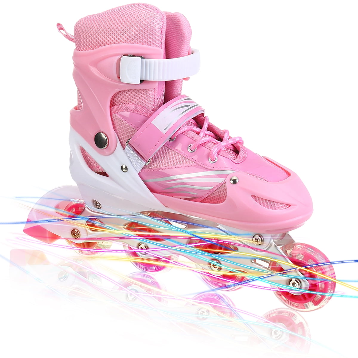 Adjustable Inline Skates with Full Light Up Wheels Kids Indoor Outdoor Illuminating Roller Skates Shoes for Beginner Girls Boys, Blue/Pink/Red