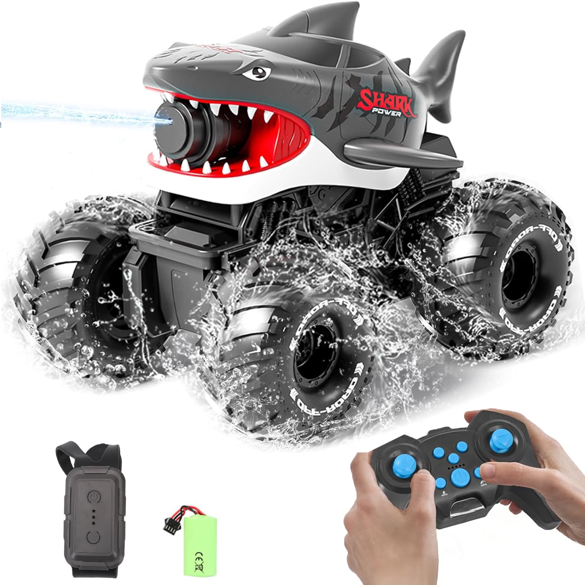 Adofi Amphibious Remote Control Car, 4WD All-Terrain Off-Road Water Toys, 2.4GHz Shooting Waterproof RC Monster Truck, Toys for Boys 3 6 Years - Gray