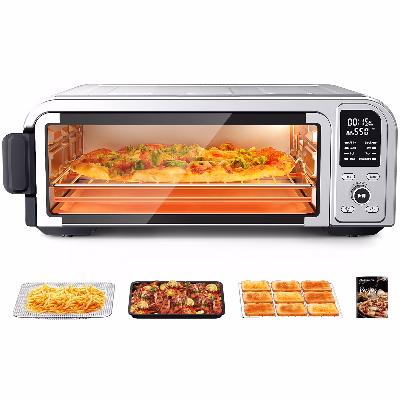 Aeitto 19QT Digital 8-in-1 Air Fryer Toaster Oven, 550°F Flavor-Lock Tech, Flip Up & Away Capability, 40+ Recipes, Airfryer Countertop Oven Combo, 4 Accessories, Fit 13" Pizza,Silver