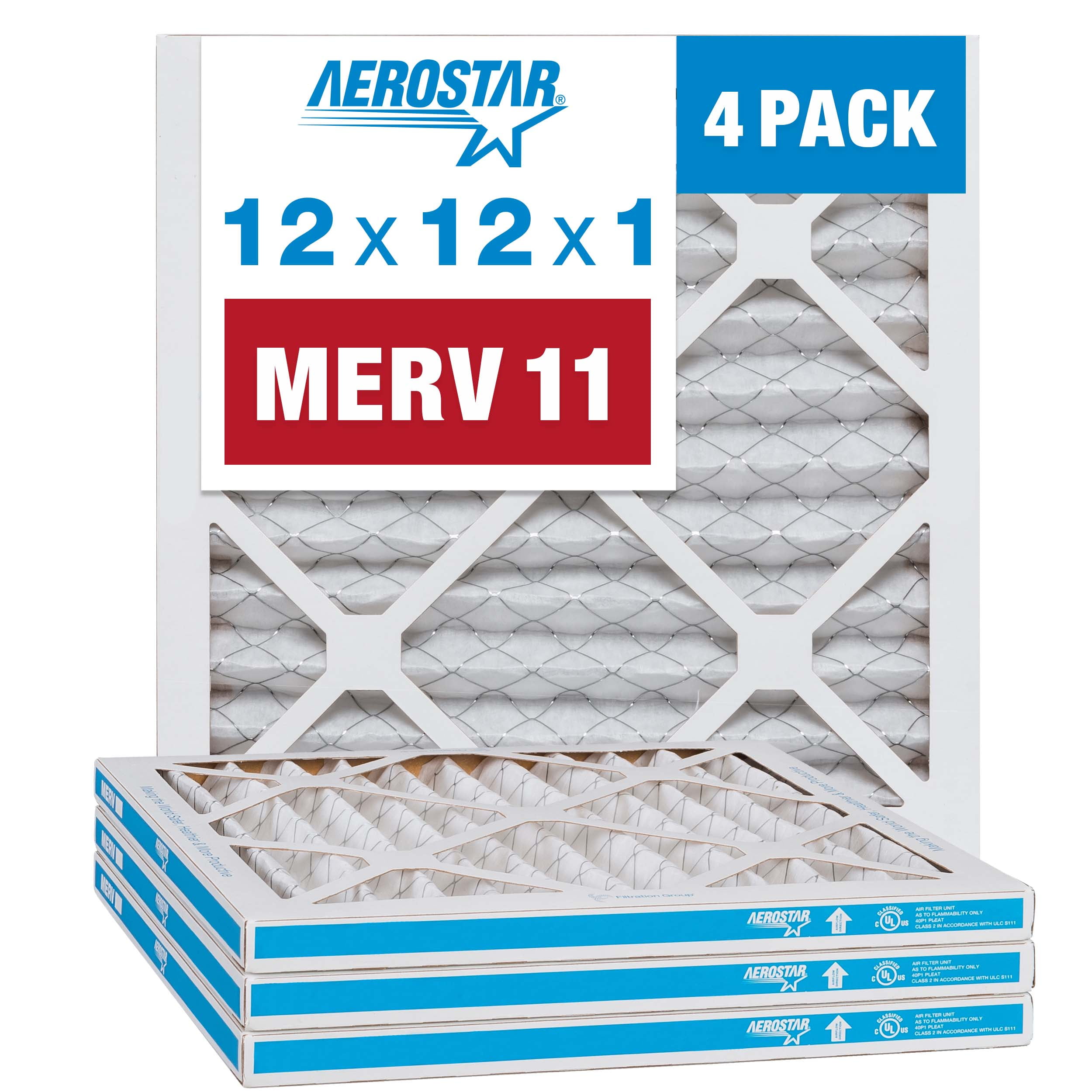 Aerostar 12x12x1 MERV 11 Pleated Air Filter, AC Furnace Air Filter, 4 Pack