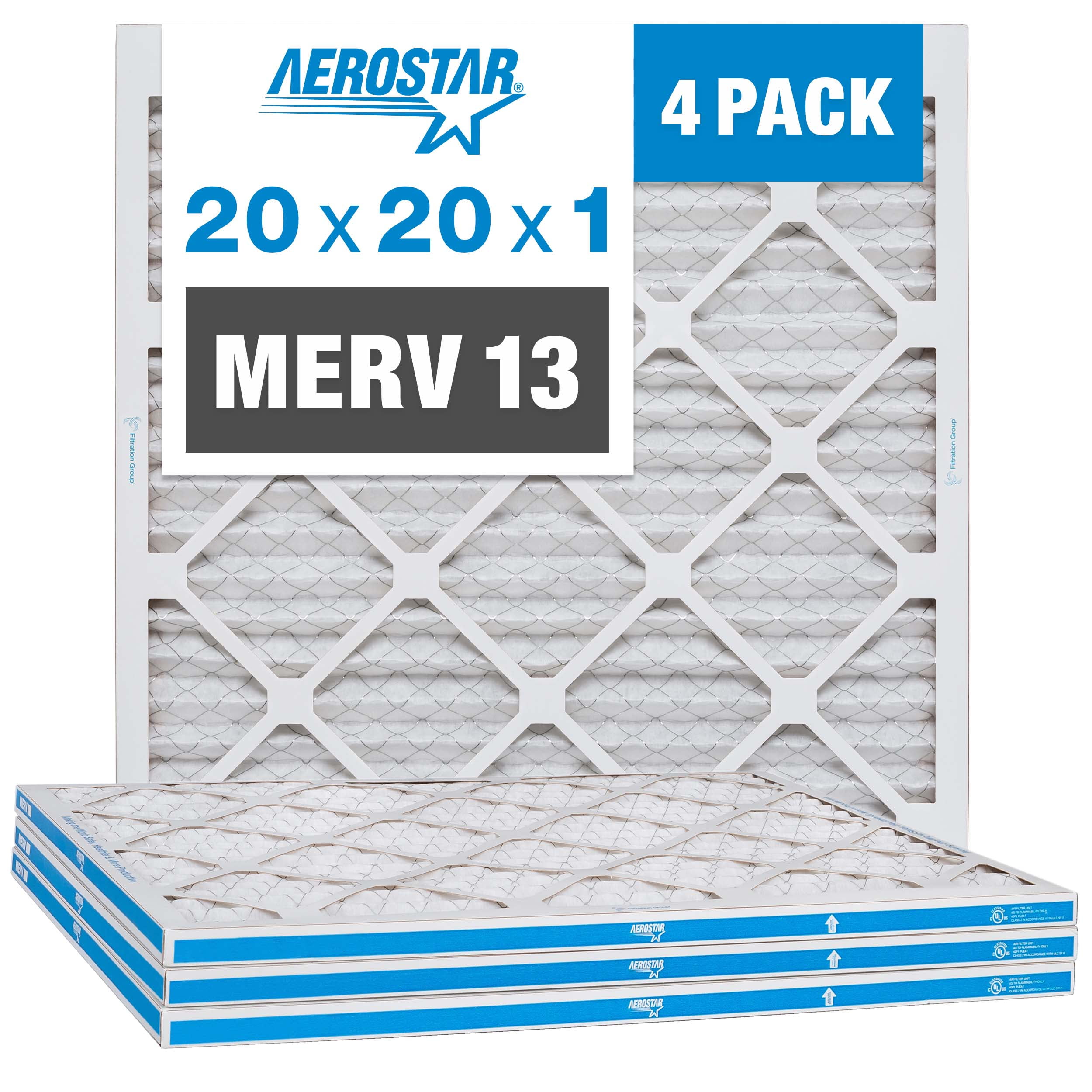 Aerostar 20x20x1 Air Filters MERV 13, Pleated Air Filter, 20x20x1, Box of 4, Made in the USA