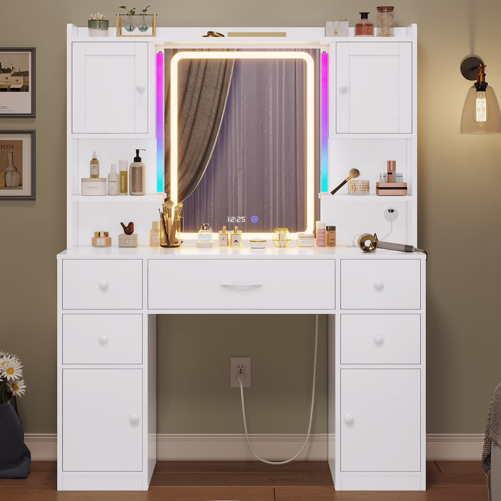 Afuhokles Large Vanity Desk with Lighted Mirror, 5 Drawers Makeup Vanity with Charging Station and Smart Mirror, White