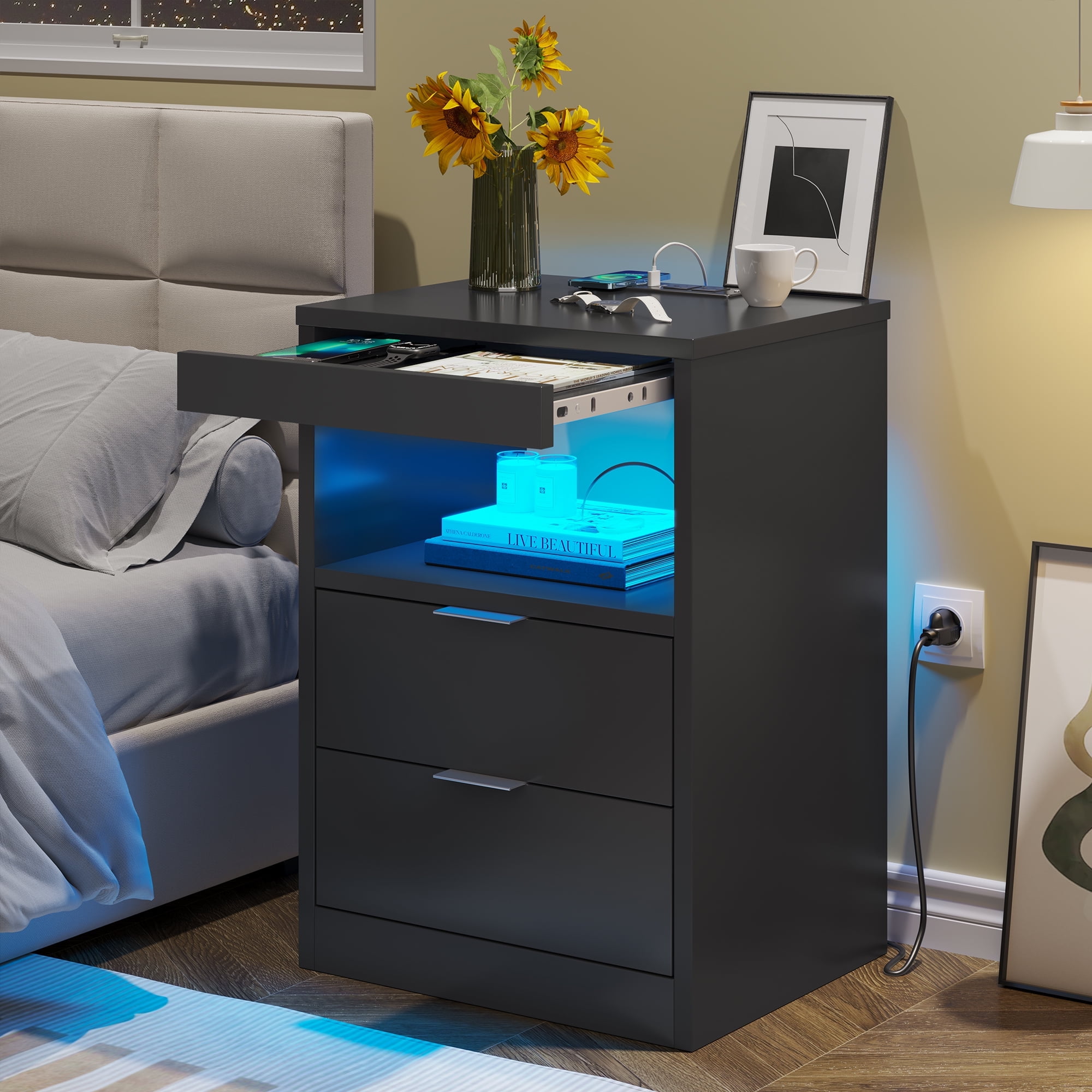 Afuhokles Nightstand with Wireless Charging Station, LED Bedside Table with with 2 Drawers, Black