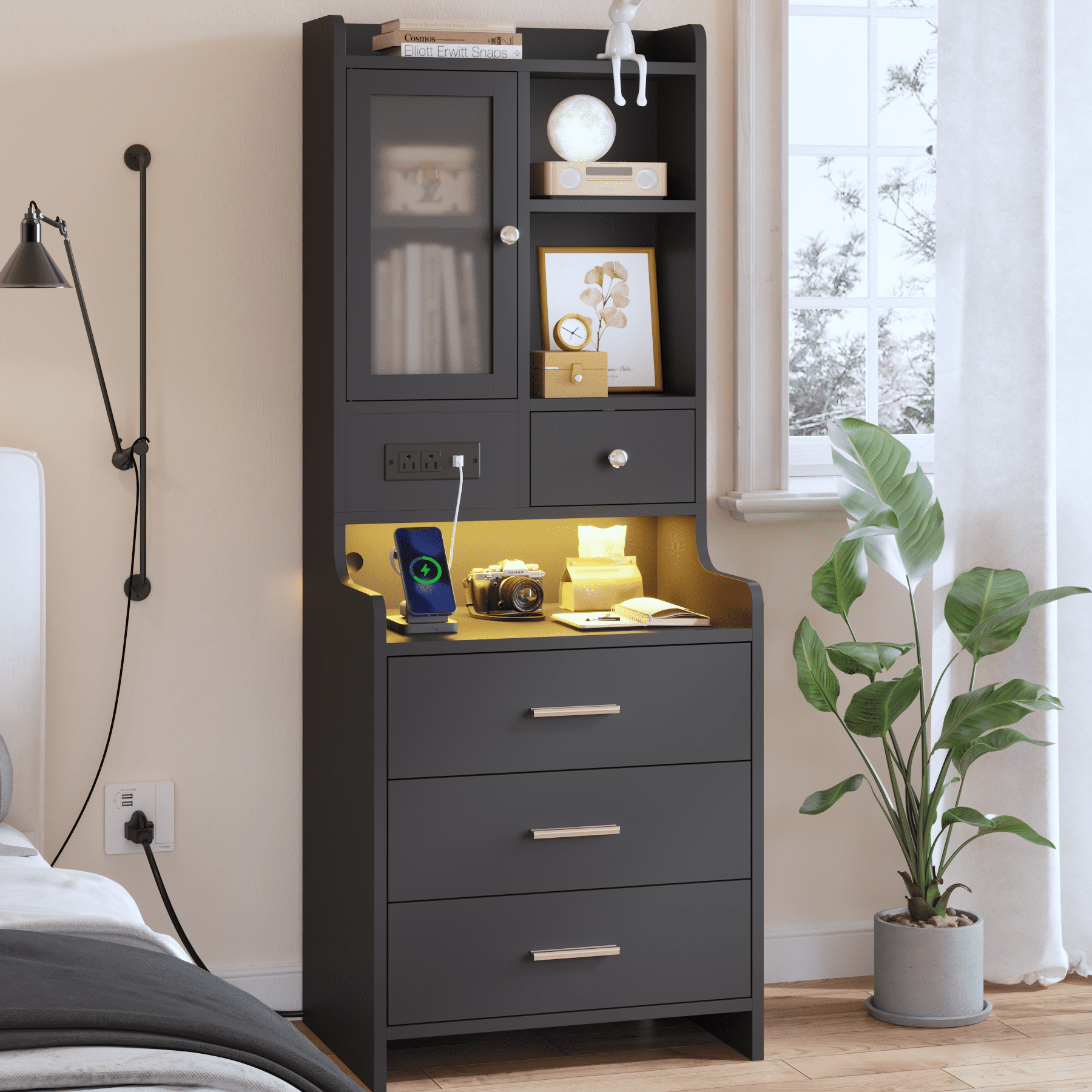 Afuhokles Tall Nightstand with Charging Station, Bedside Table with 4 Drawers, LED Night Stand with Bookshelf, Black