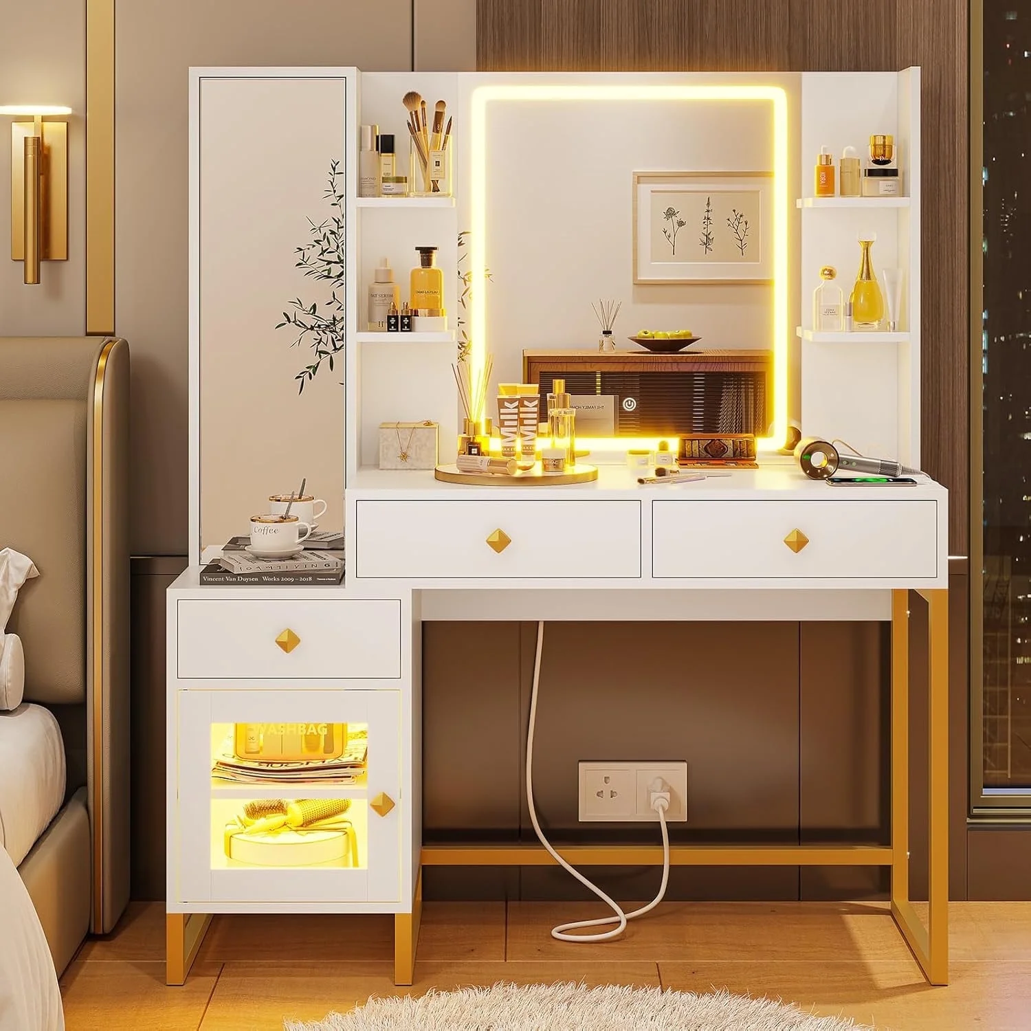 Afuhokles Vanity with Lighted Mirror and Charging Station, Makeup Table with Jewelry Armoire, Full Length Mirror, RGB Cabinet, White