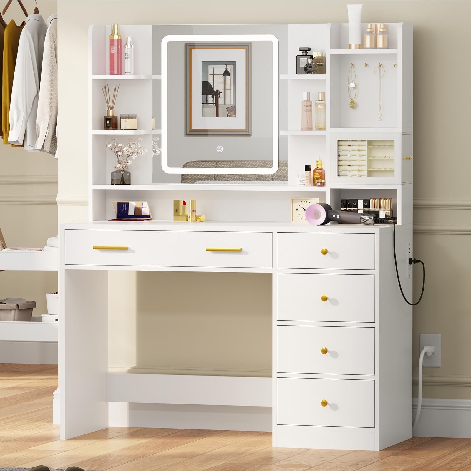 Afuhokles Vanity Desk with Lighted Mirror and Power Outlet, 6 Drawers Makeup Vanity Table with Jewelry Box, 8 Open Shelves, White