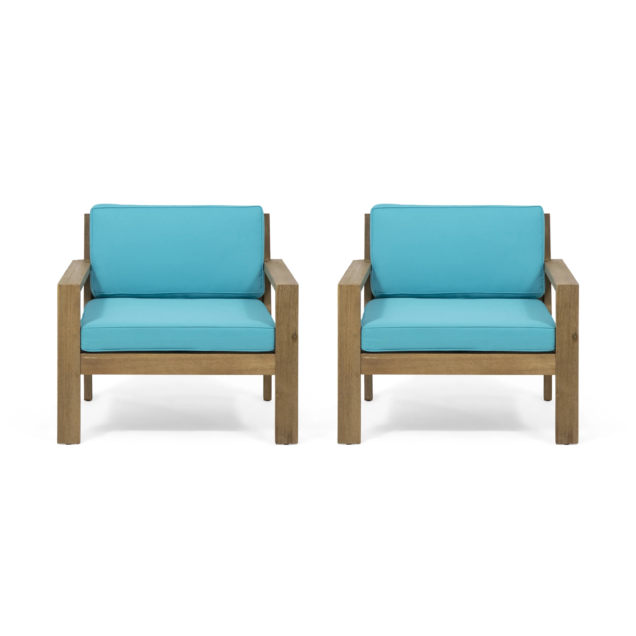 Ayaan Outdoor Acacia Wood Club Chairs with Cushions, Set of 2, Brushed Light Brown and Teal
