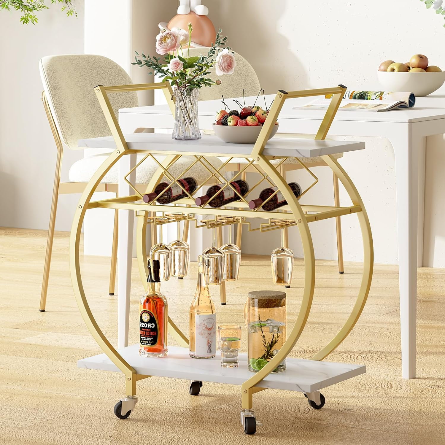 Aboxoo Rolling Kitchen Serving Carts with Wine Rack, Wood and Metal Gold