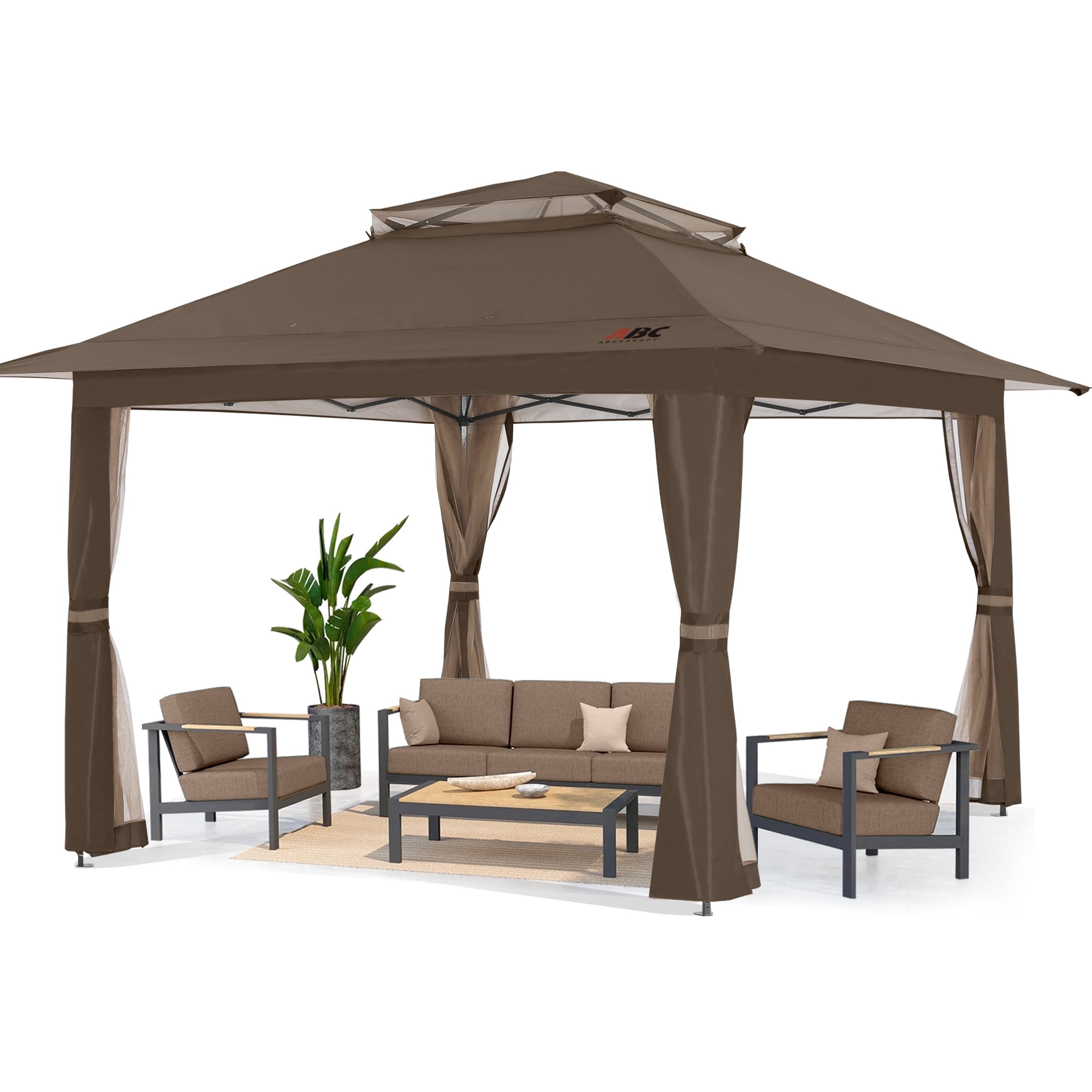 ABCCANOPY 13'x13' Gazebo Tent Outdoor Pop up Gazebo Canopy Shelter with Mosquito Netting, Brown