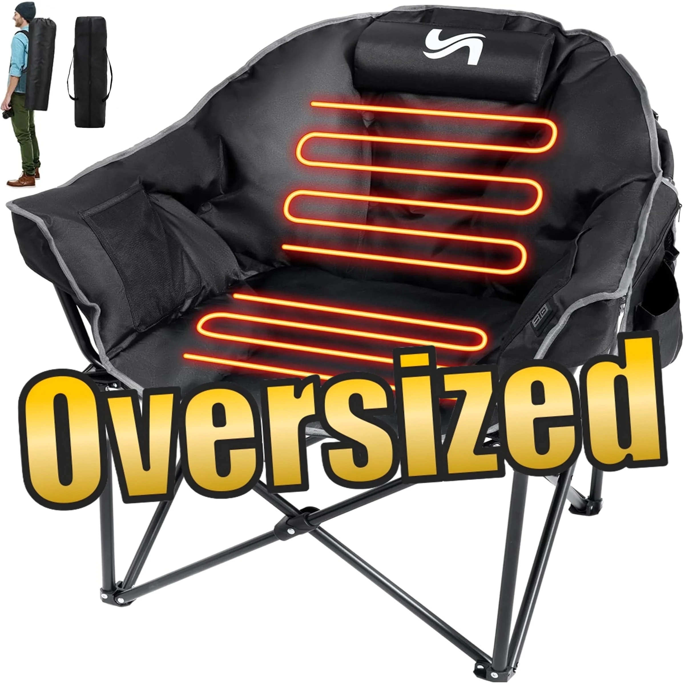 ABORON Oversized Heated Camping Chair with Pillow, Outdoor Portable Heated Folding Chairs, Patio Lounge Chairs with 3 Heat Levels, Heating Chair for Outdoor Sports, Camping