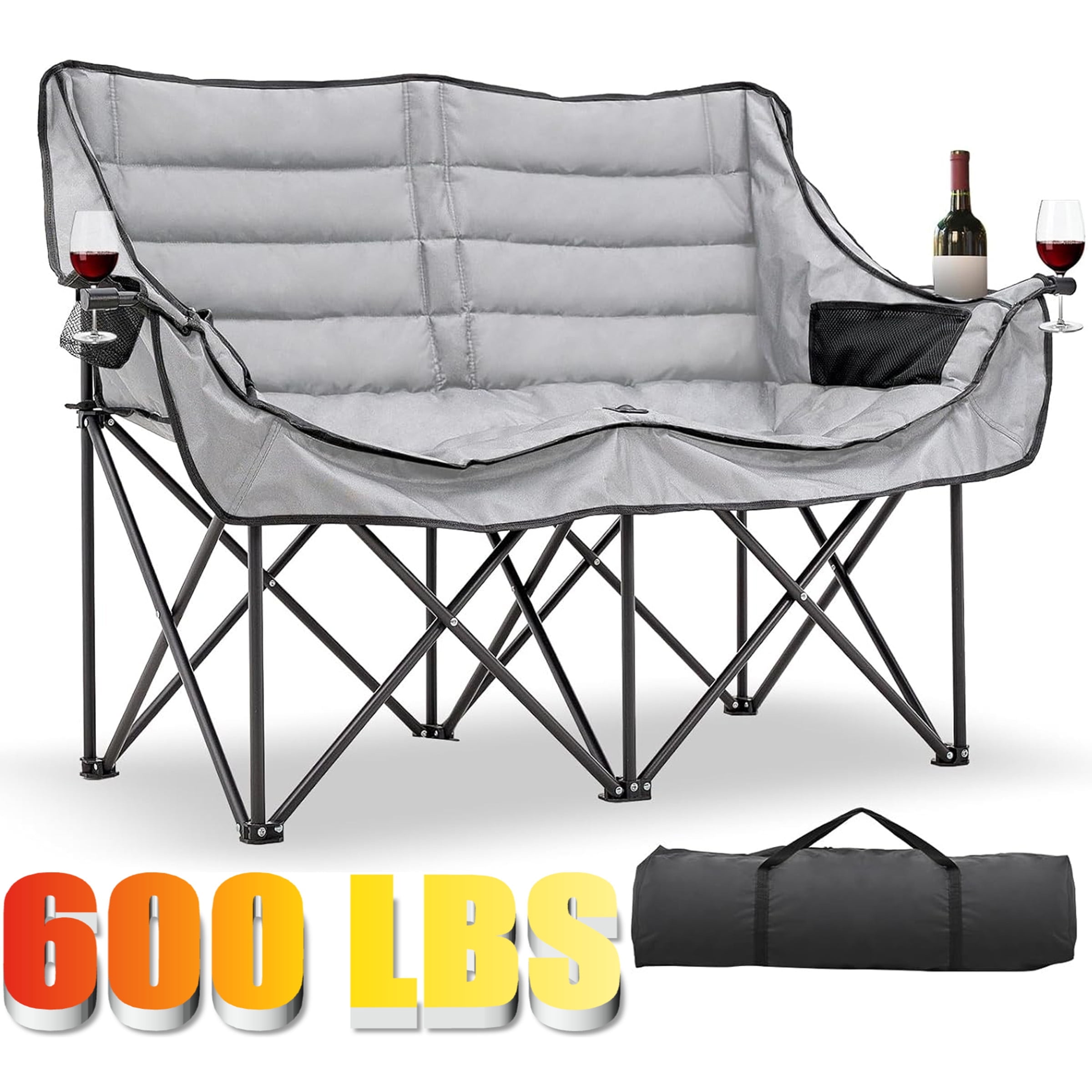 ABORON Double Camping Chair with Canopy for 2 Adults, Oversized Loveseat Chair with Cup Holder, Heavy Duty 600D Oxford Portable Folding Chair for Outdoor, Camping, Beach, Picnic