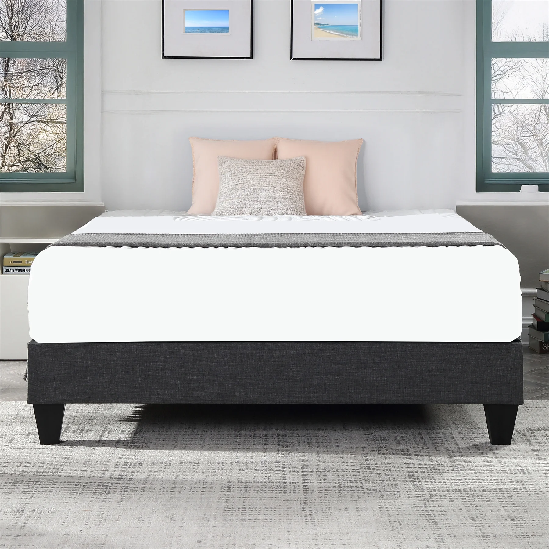 AC Pacific Adult King Contemporary Upholstered Platform Bed with Memory Foam, Grey