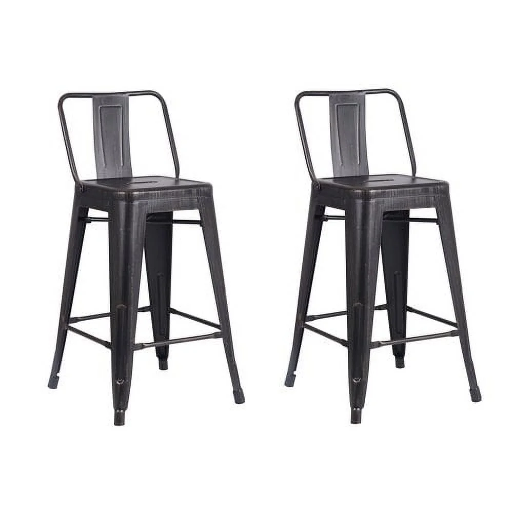 AC Pacific Distressed Metal 24" Barstool with Back, Set of 2, Black