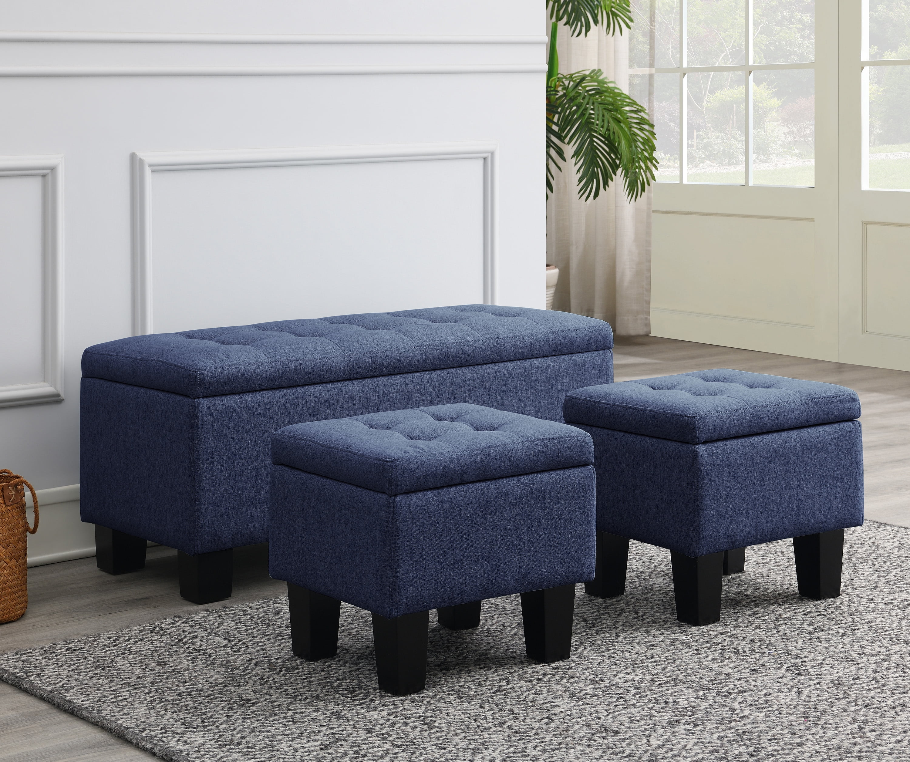 AC Pacific Tufted Upholstery Storage Bench with Matching Ottomans, Brown, 3pcs