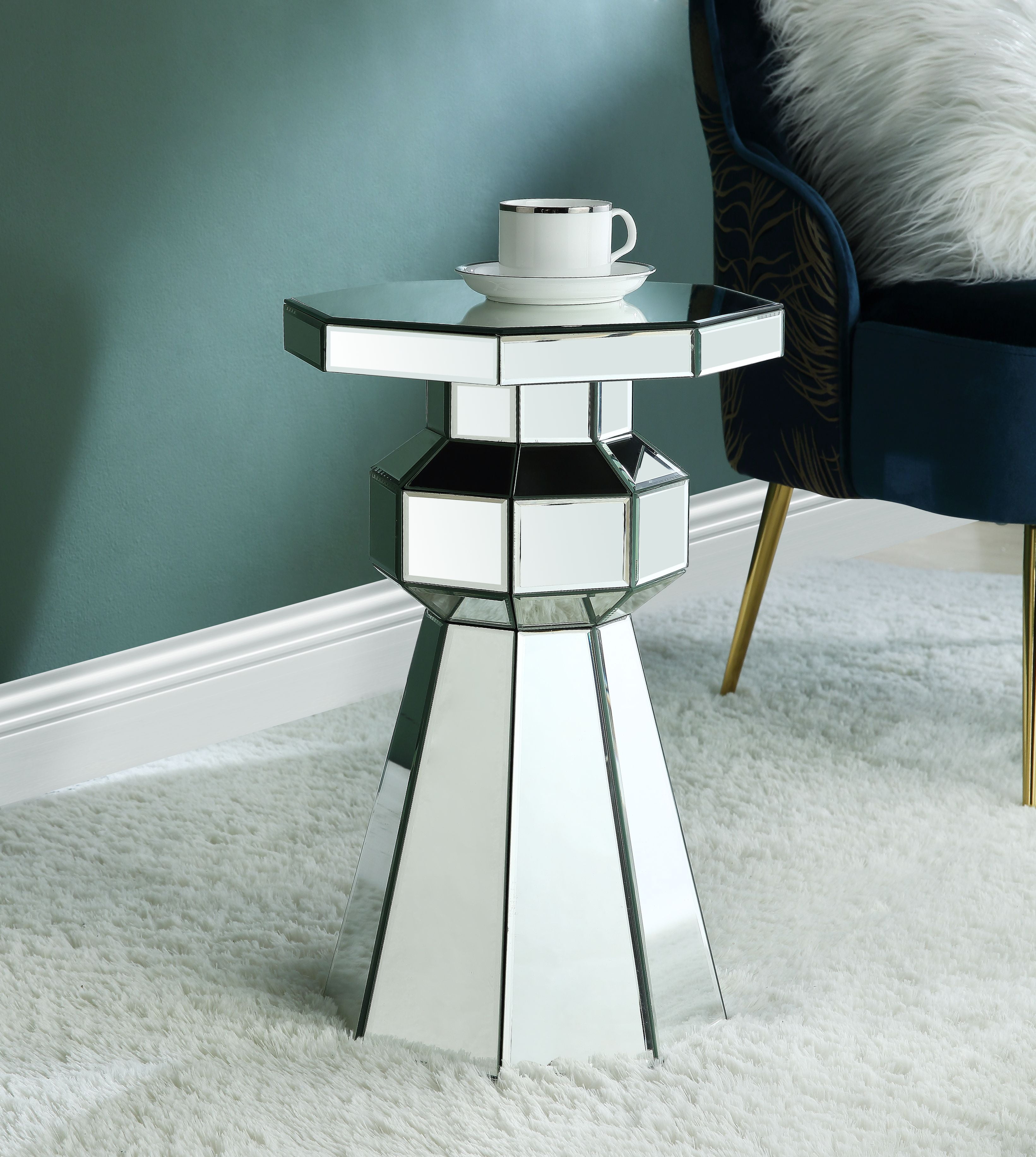 ACME Meria Geometric Mirror Pedestal Base Accent Table in Mirrored