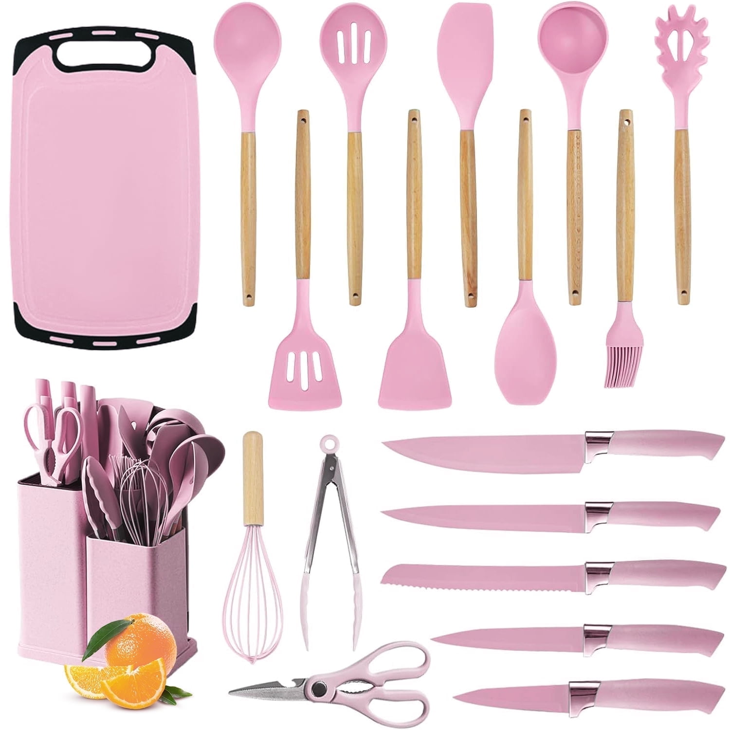 ACMETOP 19 Pieces Kitchen Utensils Set-11 Silicone Cooking Utensils Set, 6 Stainless Steel Sharp Knife set, 2 Cutting Board and Holder (Pink)