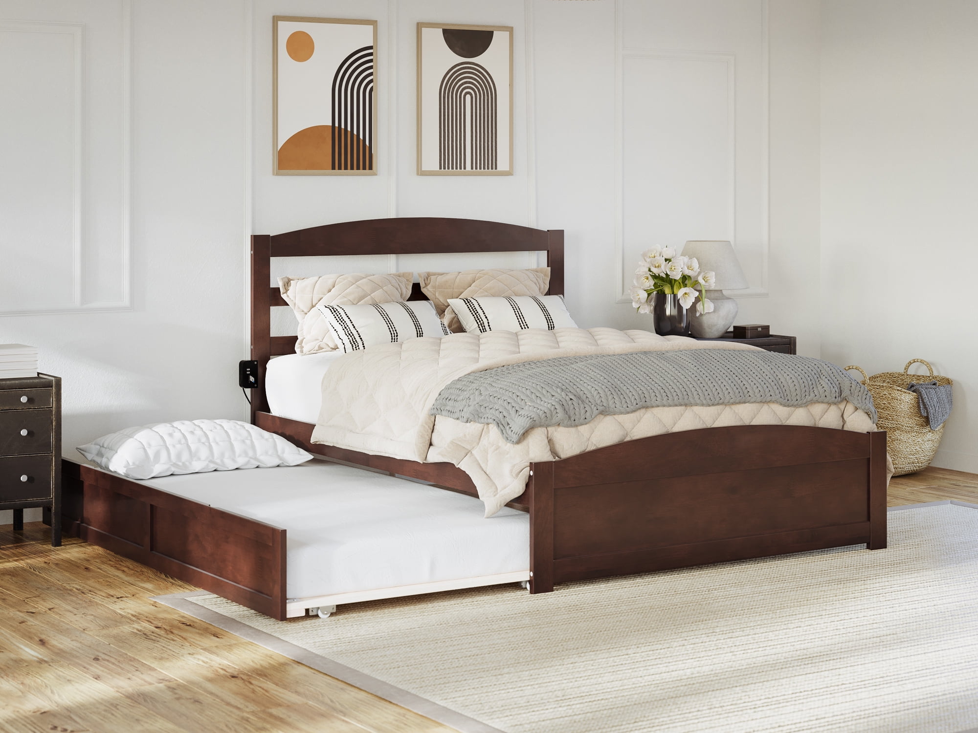 AFI Warren Full Wood Platform Bed with Headboard Footboard & Twin Trundle, Walnut