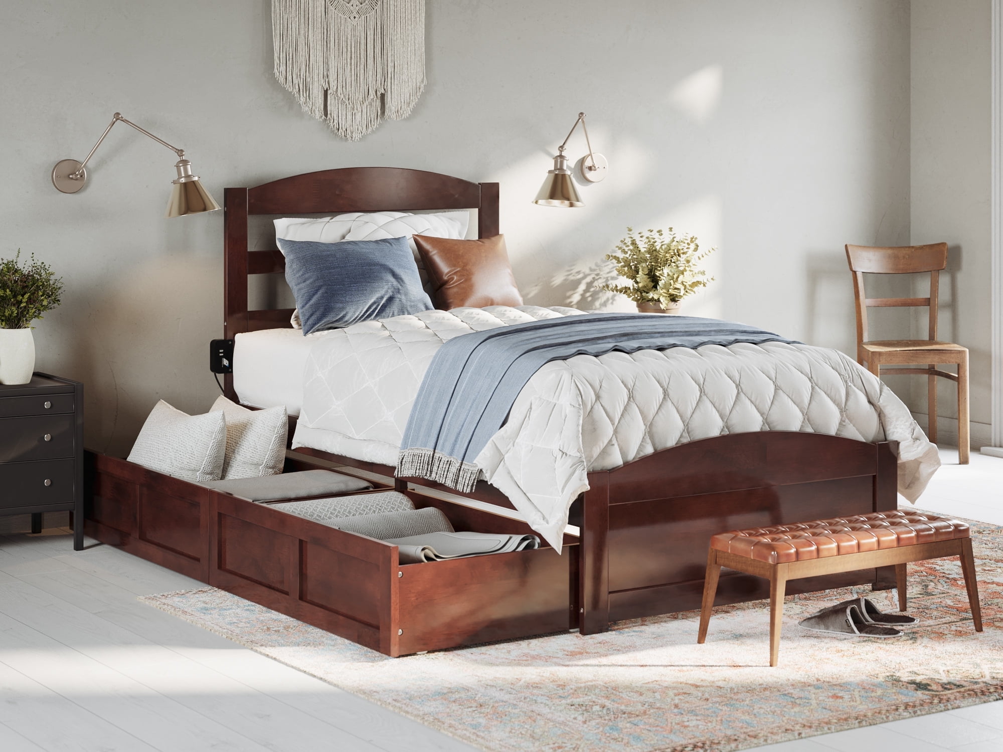 AFI Warren Twin Wood Platform Bed with Headboard Footboard & 2 Storage Drawers, Walnut