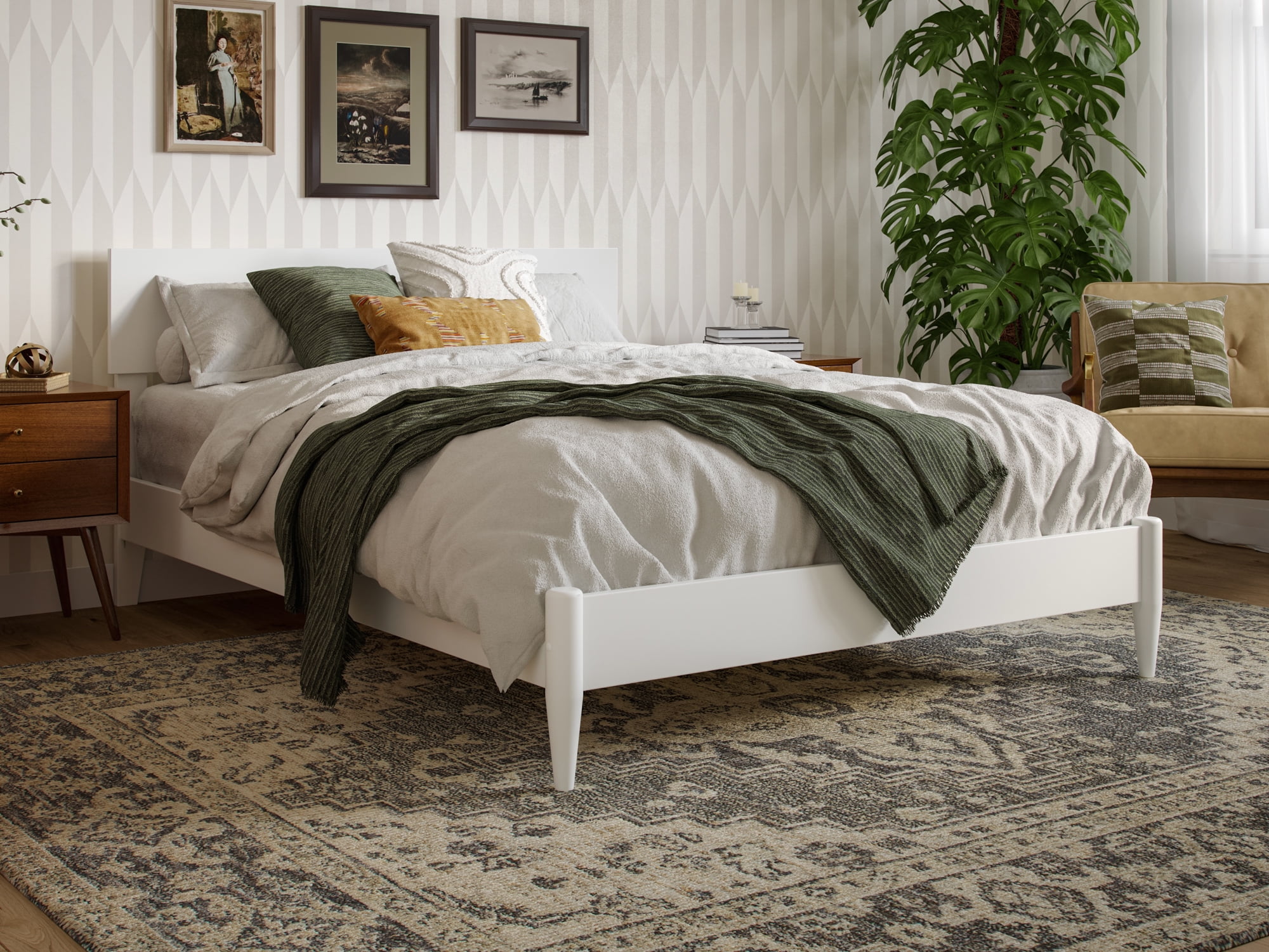 AFI Aria Full Modern Solid Wood Low Profile Platform Bed, White