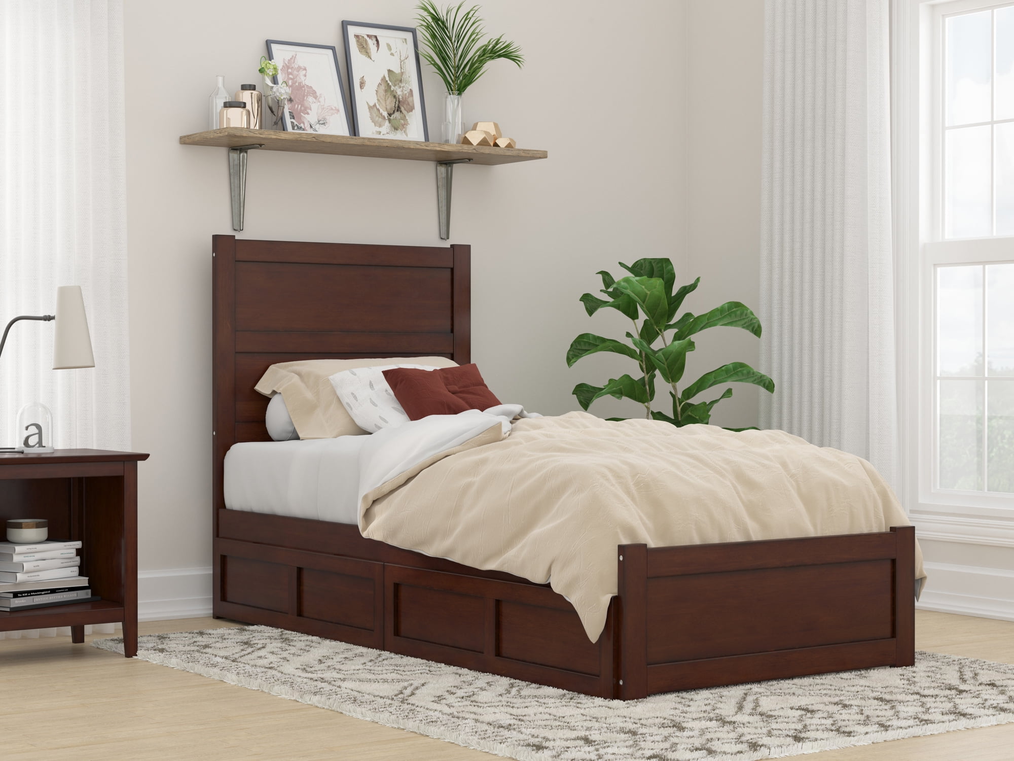 AFI NoHo Twin XL Wood Platform Bed with Headboard Footboard & 2 Storage Drawers, Walnut