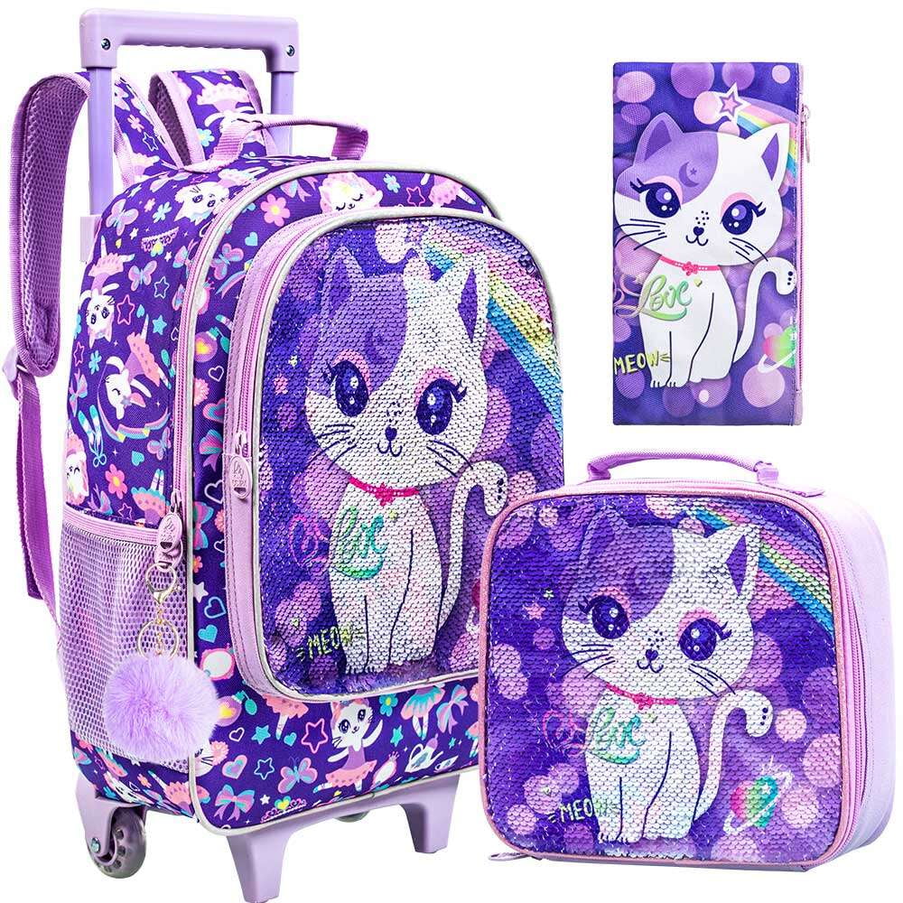 AGSDON 4PCS Rolling Backpack for Girls, Kids Cat Sequin Wheeled Bookbag, Travel Roller School Bag with Wheels