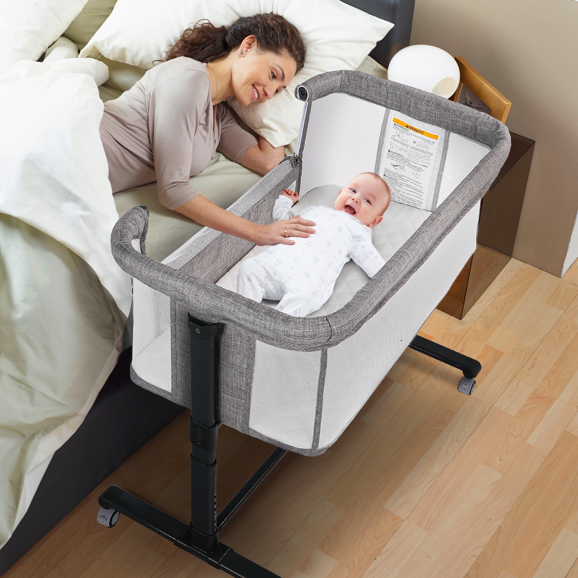 AILEEKISS Baby Bassinet with Wheels Adjustable Bedside Sleeper Bassinet Newborn Baby Crib, Grey