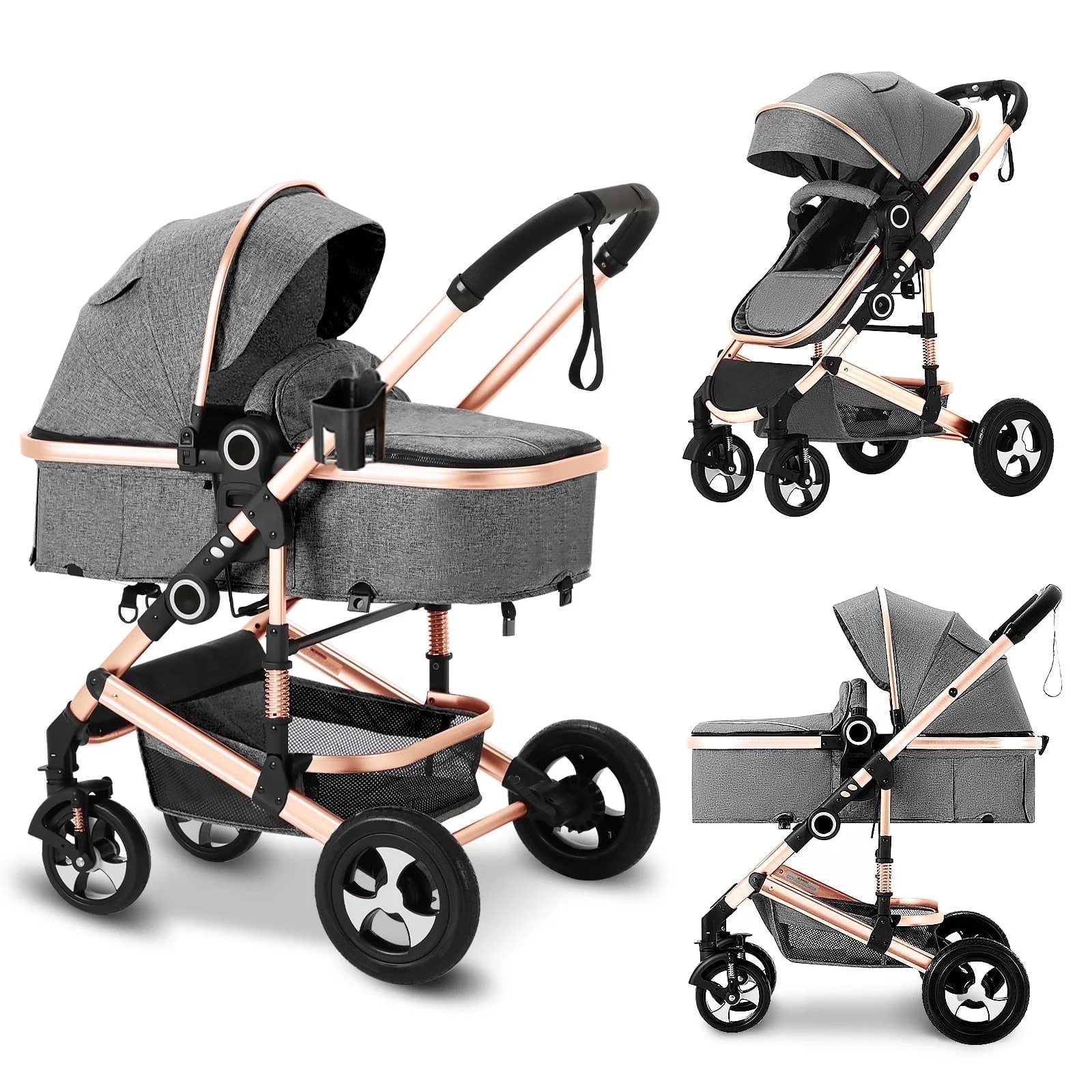 AILEEKISS 3-in-1 Convertible Baby Stroller with Big Seat and Adjustable Canopy, 24 Pound, Rose Gold